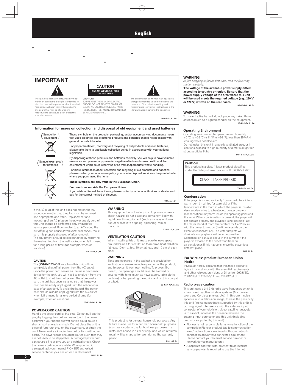 Network cd receiver system / micro chaine cd et, Network cd receiver / micro chaine cd et, Important | English, Caution, Class 1 laser product | Pioneer X-HM71-K User Manual | Page 2 / 32