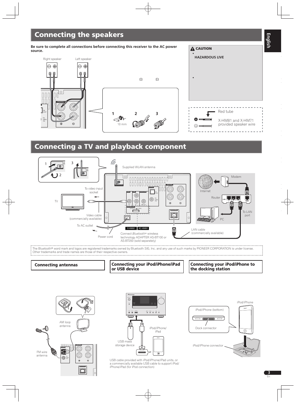 Connecting the speakers, Connecting a tv and playback component, Connecting antennas | Pioneer X-HM71-K User Manual | Page 3 / 32