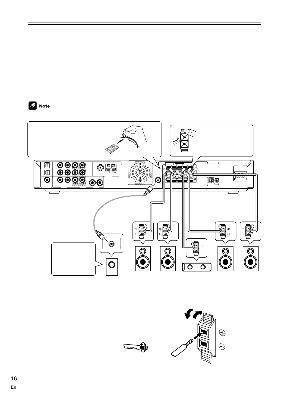 Connecting speakers 16, Connecting speakers, Connecting your equipment | Speaker terminals | Pioneer VSX-C100-S User Manual | Page 16 / 60