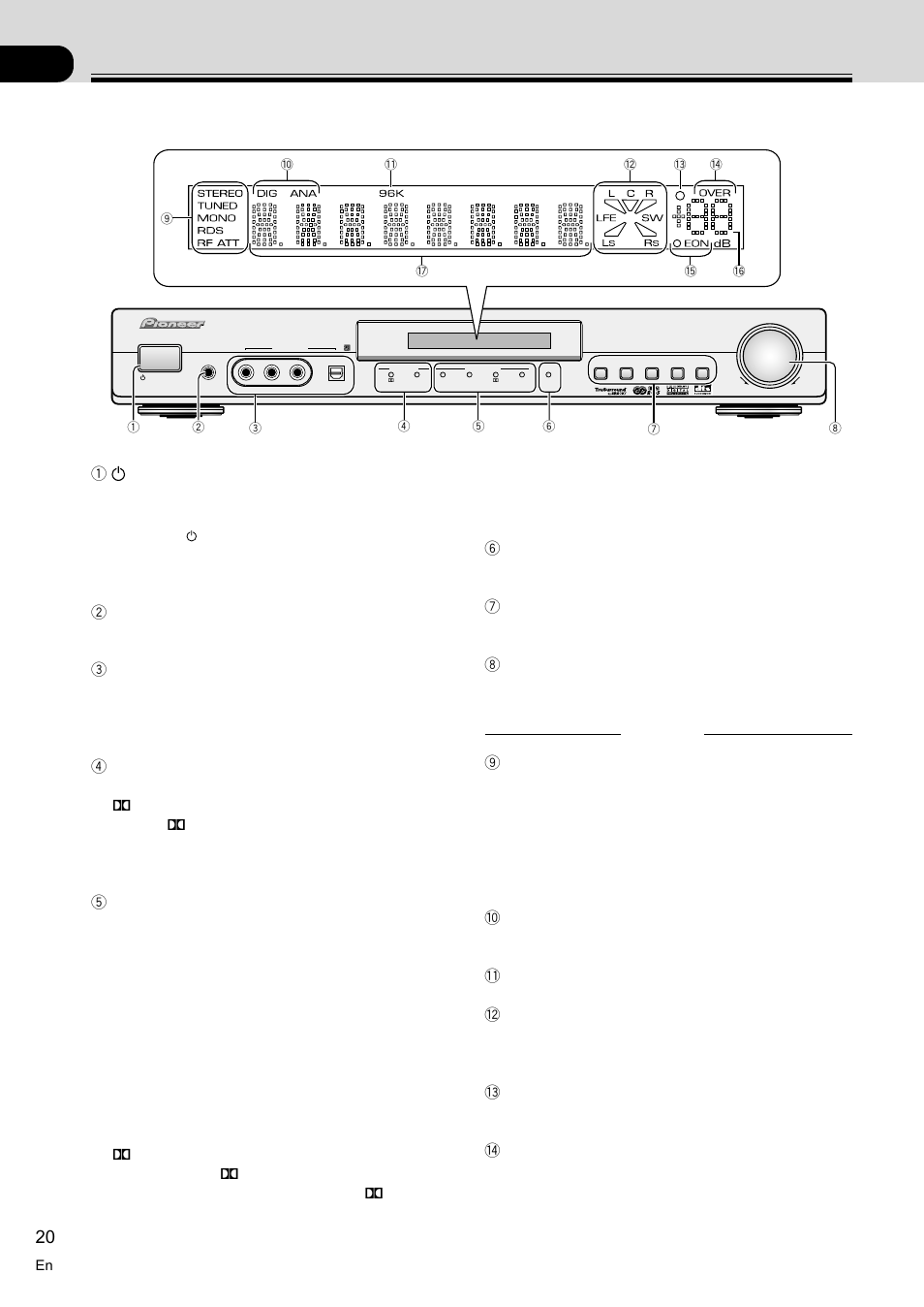 Displays & controls 20, Front panel 20, Displays & controls | Front panel | Pioneer VSX-C100-S User Manual | Page 20 / 60