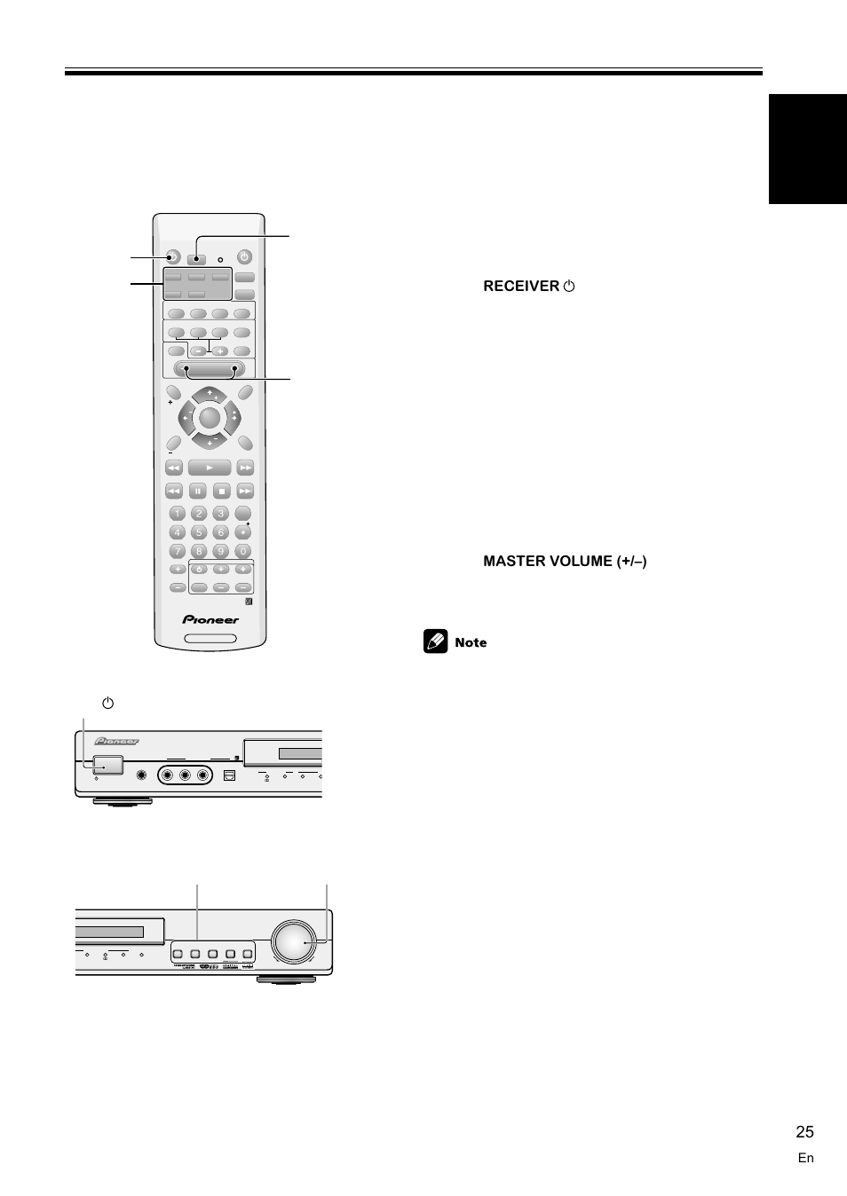 Playing a source 25, English, Playing a source | Basic playback, Standby/on button, Master volume input buttons, Receiver, Master volume (+/–) | Pioneer VSX-C100-S User Manual | Page 25 / 60
