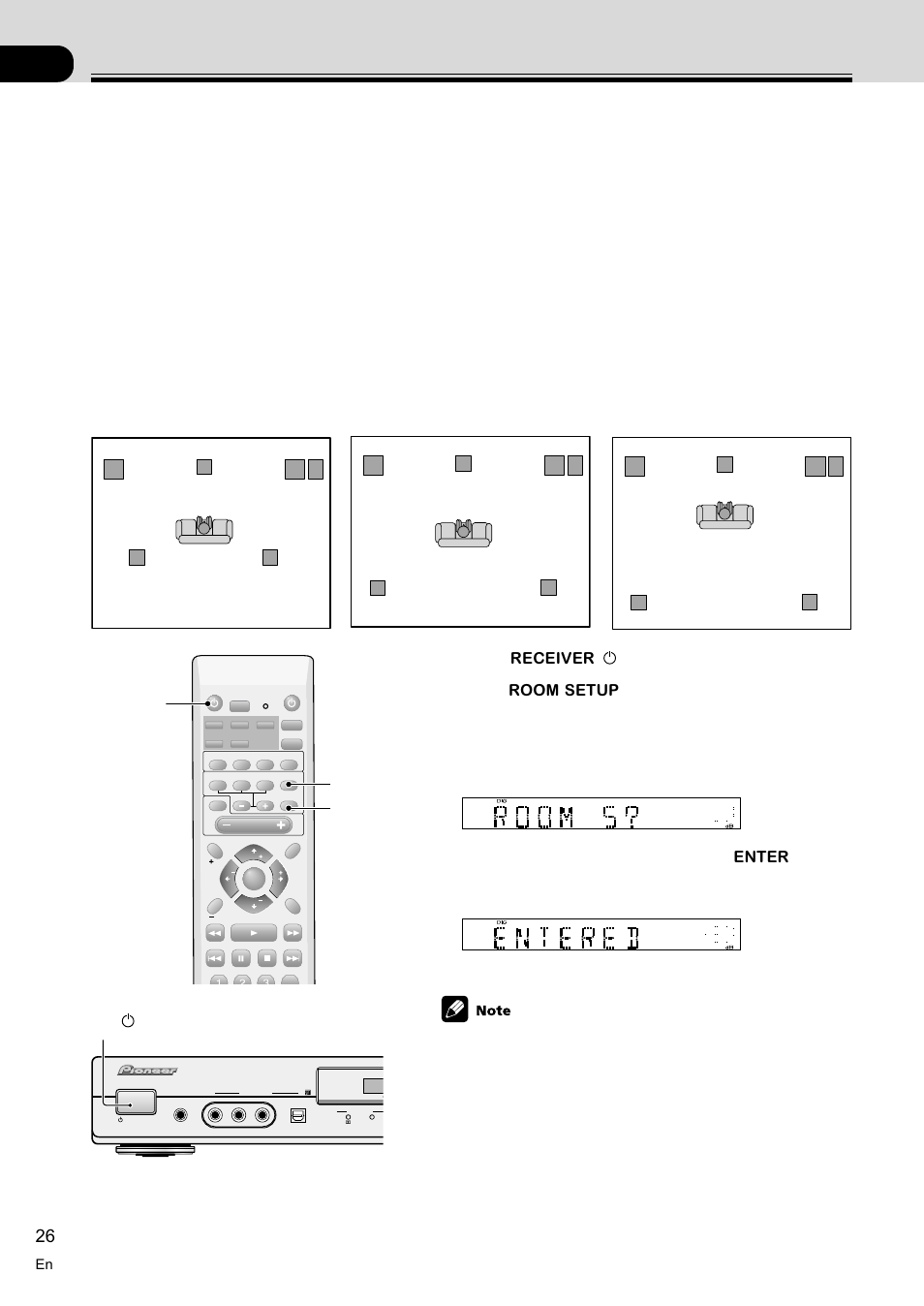 Fine tuning your surround sound 26, Room setup 26, 05 fine tuning your surround sound | Room setup, Lm s, 1 press, 3 while the display is blinking press, Standby/on button, Receiver, Enter | Pioneer VSX-C100-S User Manual | Page 26 / 60