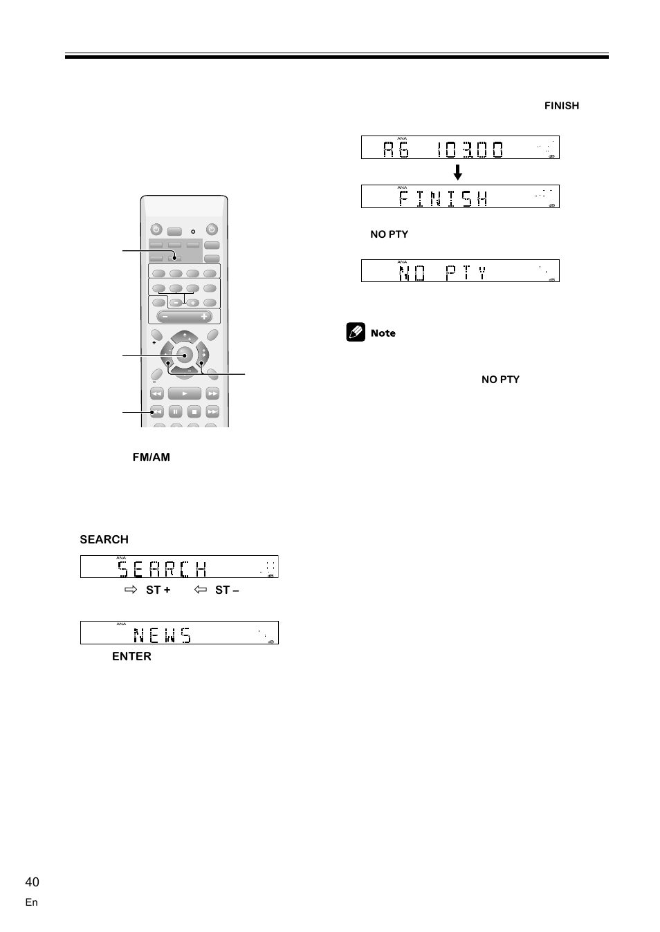 Searching for rds programs 40, Searching for rds programs, Using the tuner | 1 press the, 2 to select the pty search mode press the, Button. 3 use the, Briefly. if, Fm/am, Rds is only broadcast on fm, Search | Pioneer VSX-C100-S User Manual | Page 40 / 60