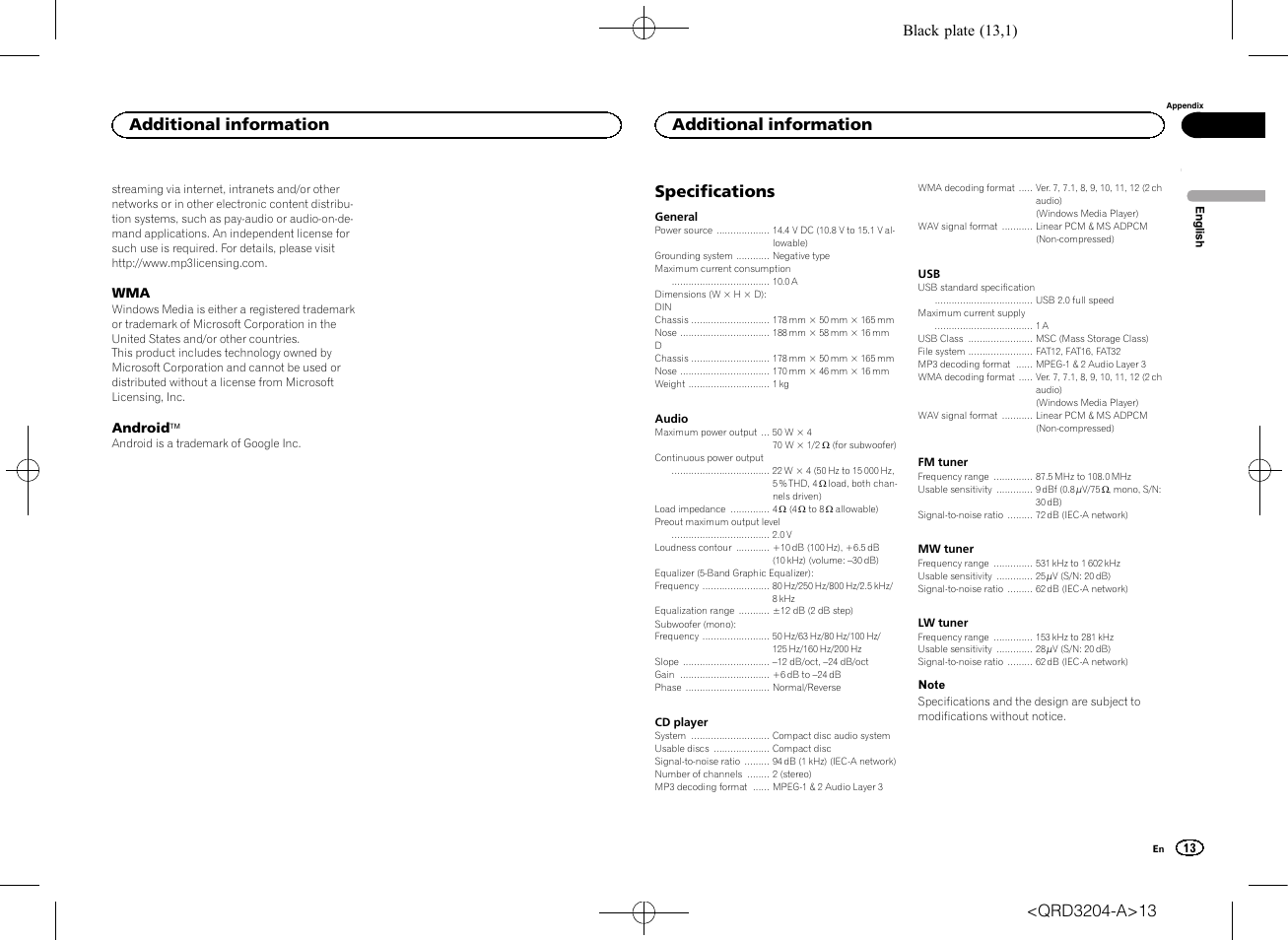 Specifications, Additional information | Pioneer DEH-1600UBB User Manual | Page 13 / 100