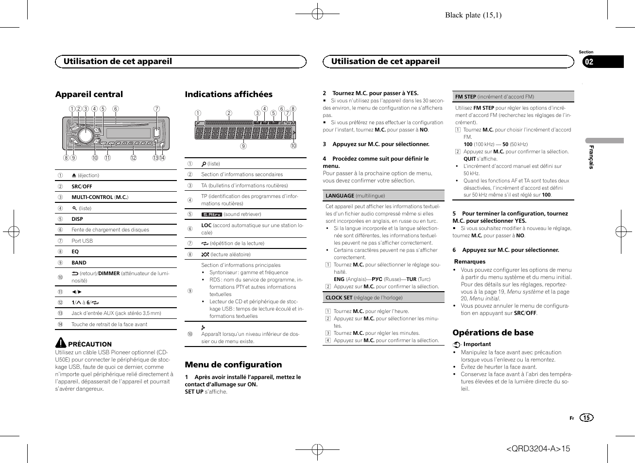 Appareil central, Indications affichées, Menu de configuration | Opérations de base, Utilisation de cet appareil | Pioneer DEH-1600UBB User Manual | Page 15 / 100