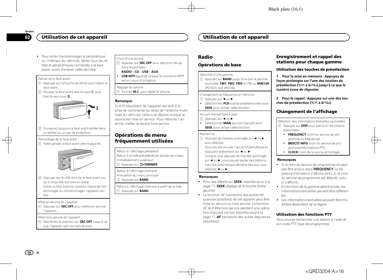 Opérations de menu fréquemment utilisées, Radio, Utilisation de cet appareil | Pioneer DEH-1600UBB User Manual | Page 16 / 100