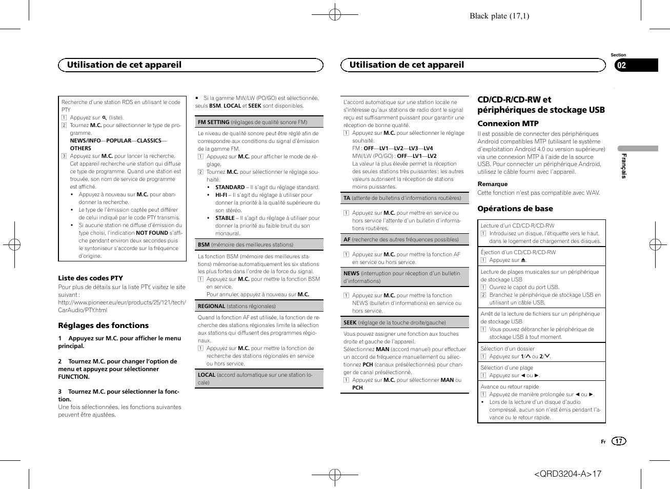 Seek (réglage de la touche droite, Gauche), Af (recherche des autres fréquences | Possibles), Cd/cd-r/cd-rw et périphériques de stockage usb, Utilisation de cet appareil | Pioneer DEH-1600UBB User Manual | Page 17 / 100