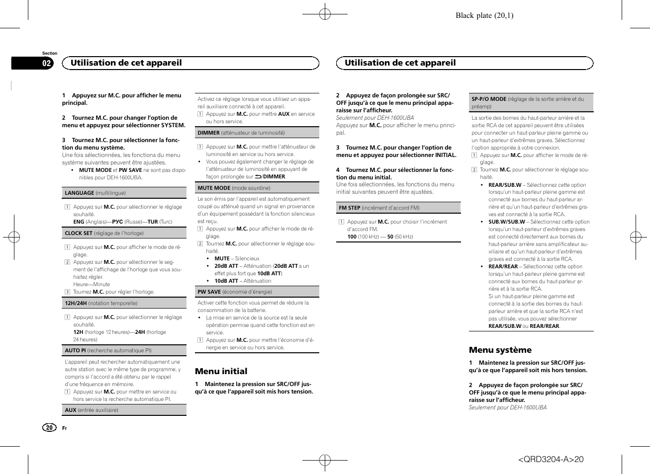 Sp-p/o mode (réglage de la sor, Tie arrière et du préamp), Sp-p/o mode (réglage | De la sortie arrière et du préamp), Menu initial, Menu système, Utilisation de cet appareil | Pioneer DEH-1600UBB User Manual | Page 20 / 100