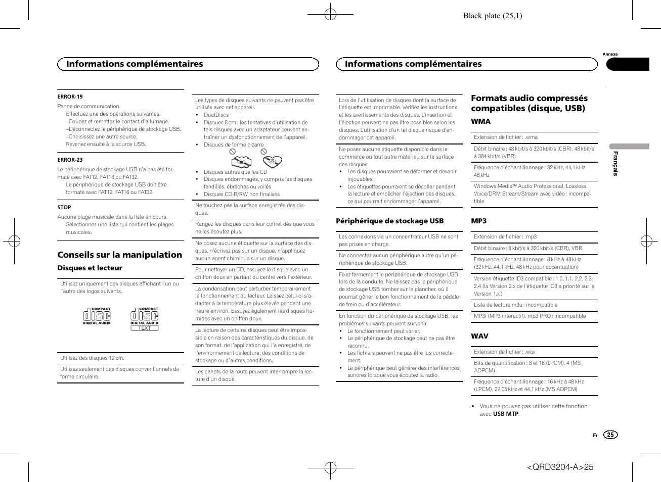 Conseils sur la manipulation, Formats audio compressés compatibles (disque, usb), Informations complémentaires | Pioneer DEH-1600UBB User Manual | Page 25 / 100