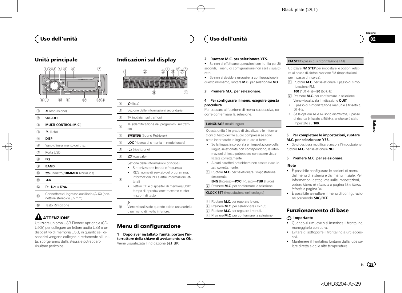 Unità principale, Indicazioni sul display, Menu di configurazione | Funzionamento di base, Uso dell ’unità | Pioneer DEH-1600UBB User Manual | Page 29 / 100