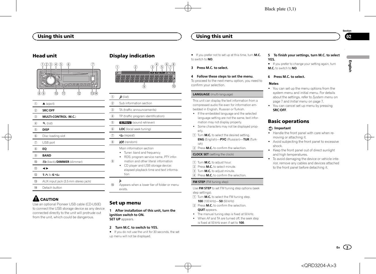 Head unit, Display indication, Set up menu | Basic operations, Using this unit | Pioneer DEH-1600UBB User Manual | Page 3 / 100