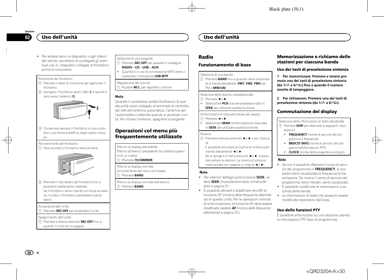 Operazioni col menu più frequentemente utilizzate, Radio, Uso dell ’unità | Pioneer DEH-1600UBB User Manual | Page 30 / 100