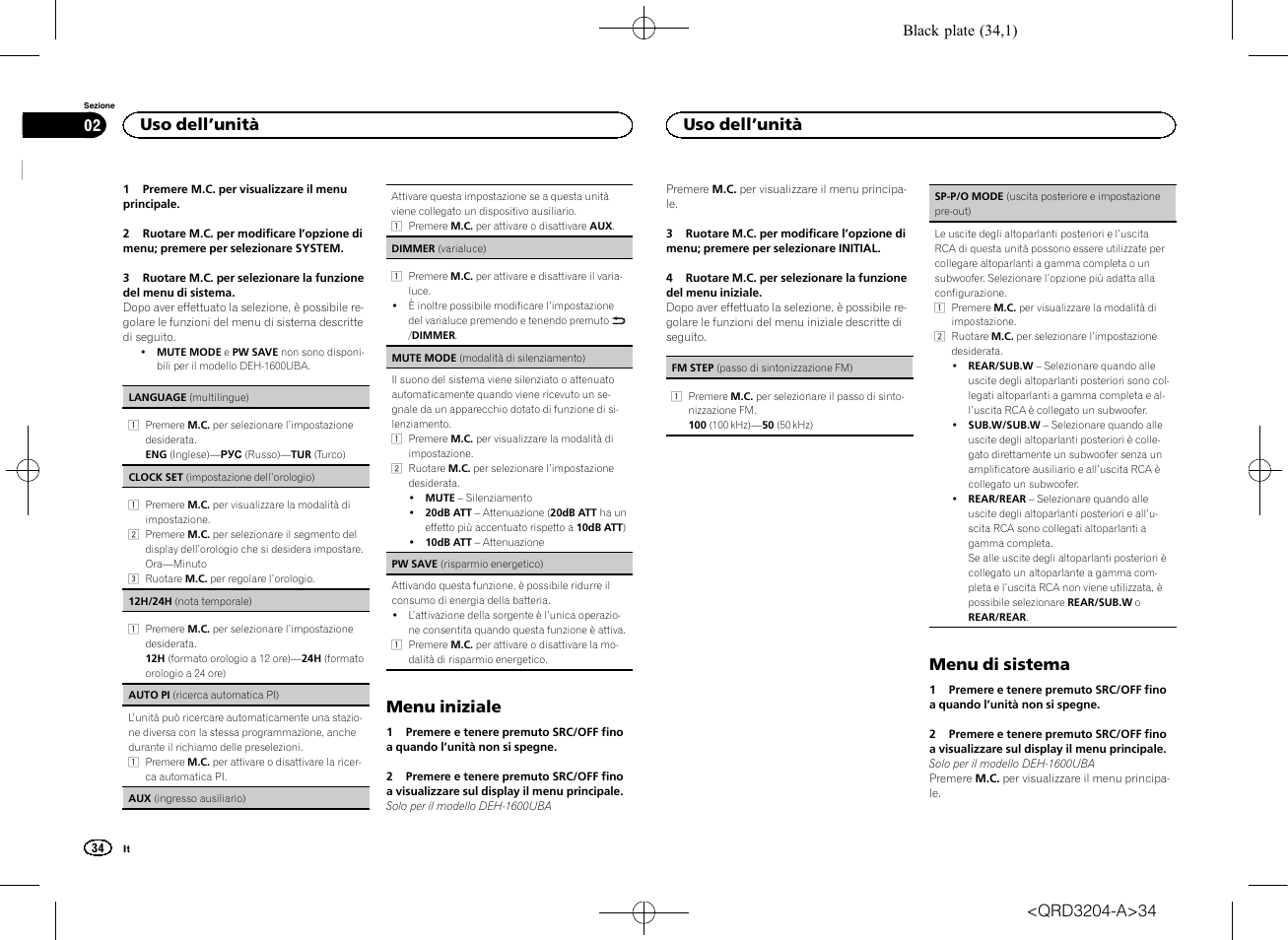 Sp-p/o mode (uscita posteriore e imposta, Menu iniziale, Menu di sistema | Uso dell ’unità | Pioneer DEH-1600UBB User Manual | Page 34 / 100