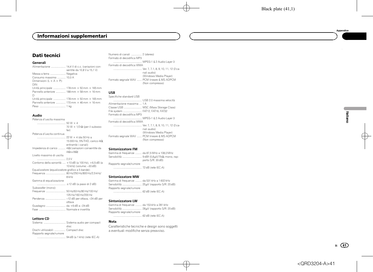 Dati tecnici, Informazioni supplementari, Black plate (41,1) | Pioneer DEH-1600UBB User Manual | Page 41 / 100