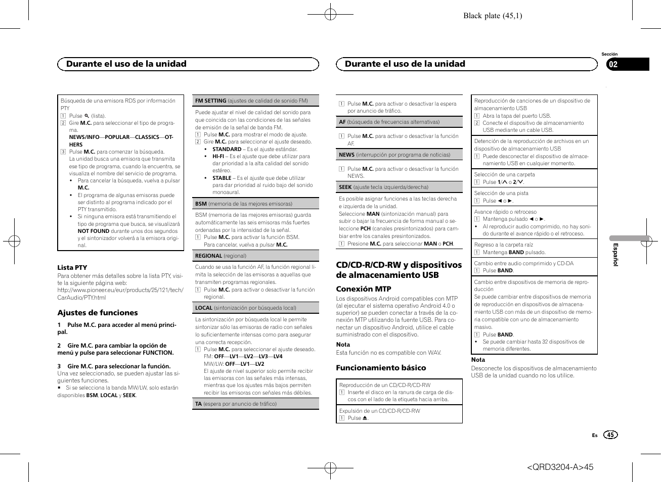 Cd/cd-r/cd-rw y dispositivos de almacenamiento usb, Durante el uso de la unidad | Pioneer DEH-1600UBB User Manual | Page 45 / 100