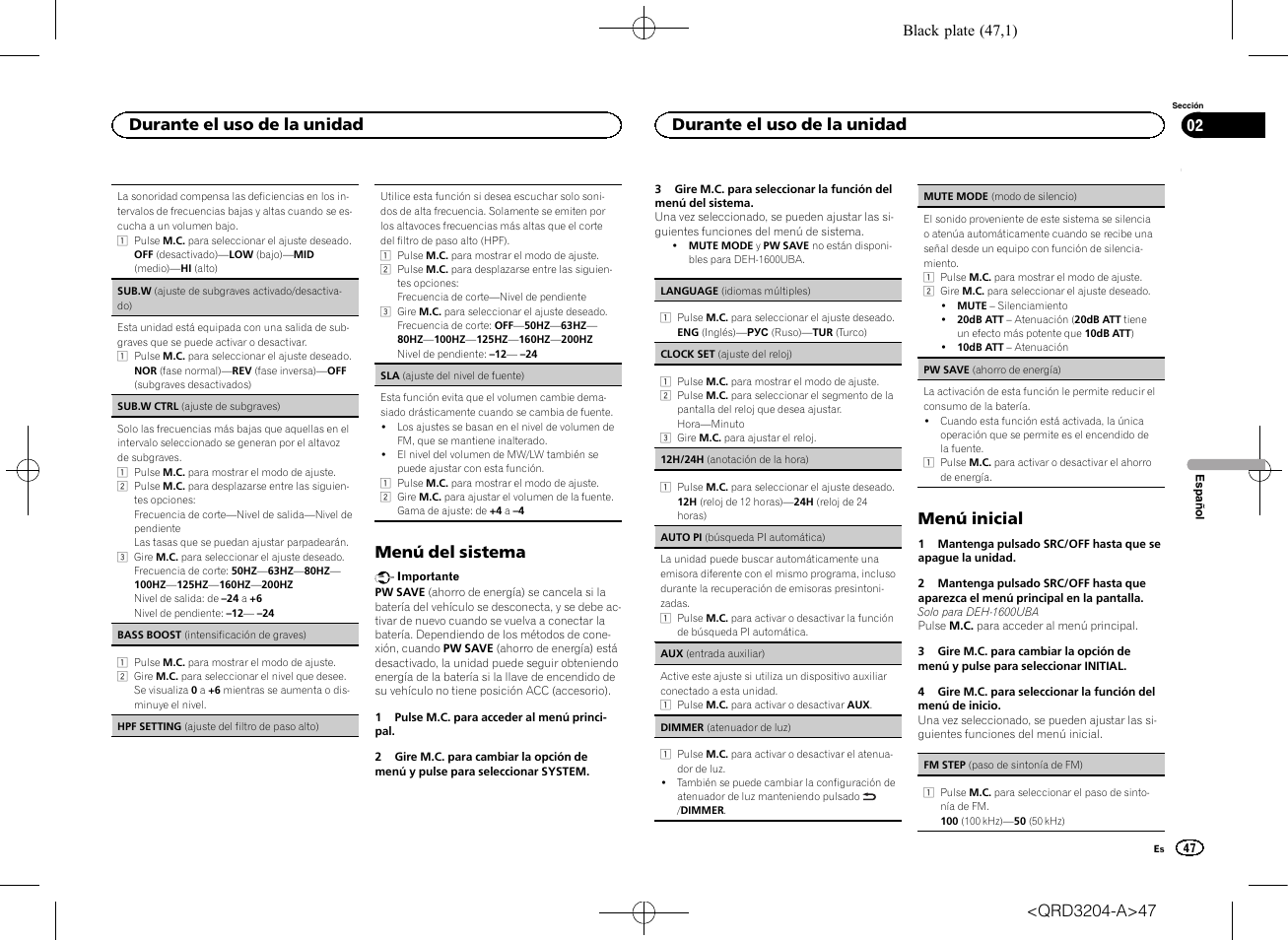Sub.w (ajuste de subgra, Menú del sistema, Menú inicial | Durante el uso de la unidad | Pioneer DEH-1600UBB User Manual | Page 47 / 100