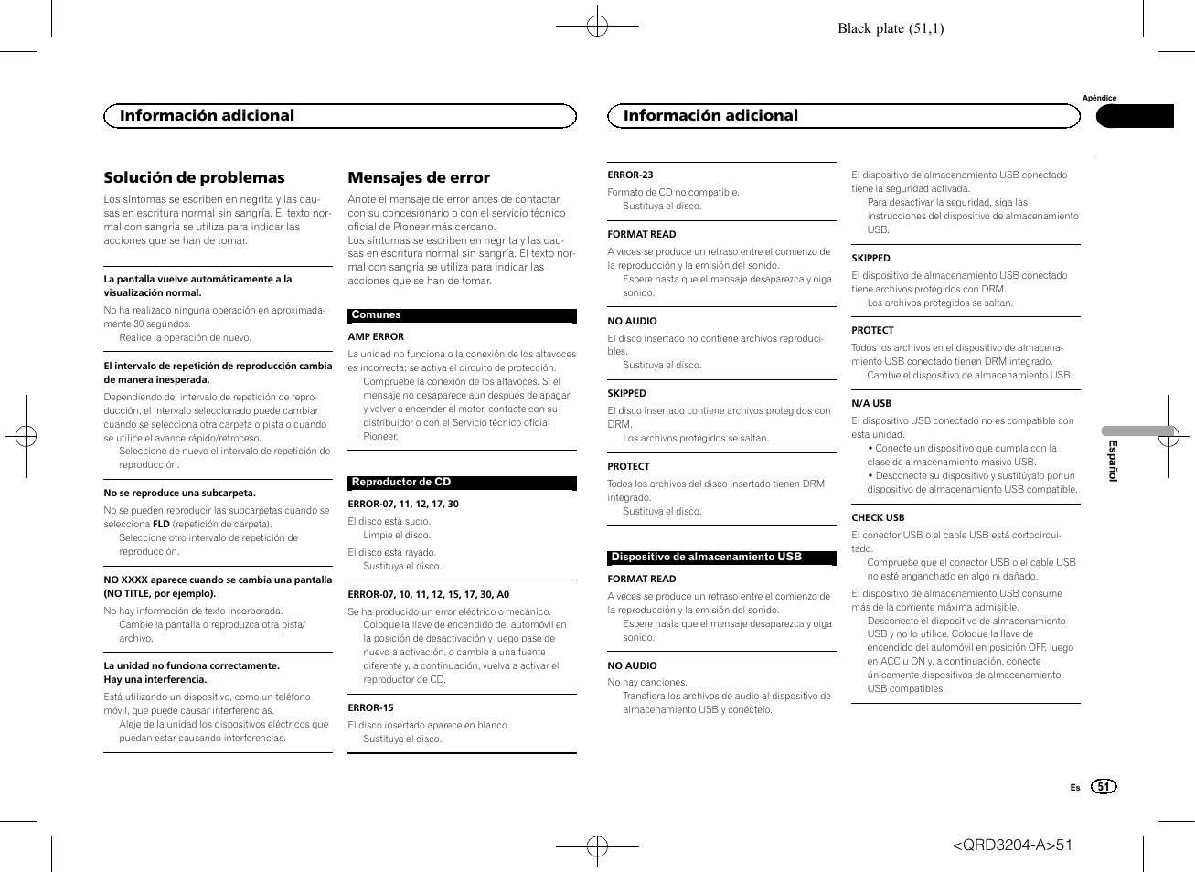 Solución de problemas, Mensajes de error, Información adicional | Pioneer DEH-1600UBB User Manual | Page 51 / 100