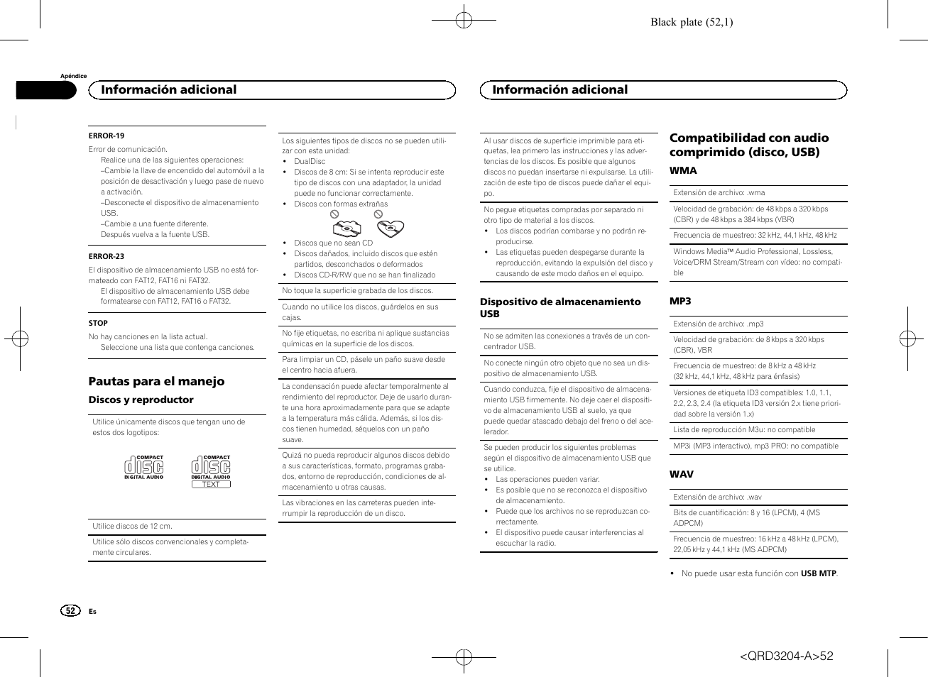 Pautas para el manejo, Compatibilidad con audio comprimido (disco, usb), Información adicional | Pioneer DEH-1600UBB User Manual | Page 52 / 100
