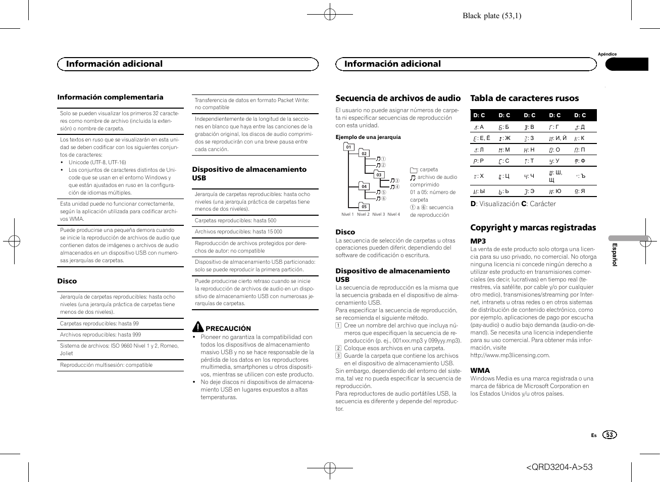 Secuencia de archivos de audio, Tabla de caracteres rusos, Copyright y marcas registradas | Información adicional | Pioneer DEH-1600UBB User Manual | Page 53 / 100