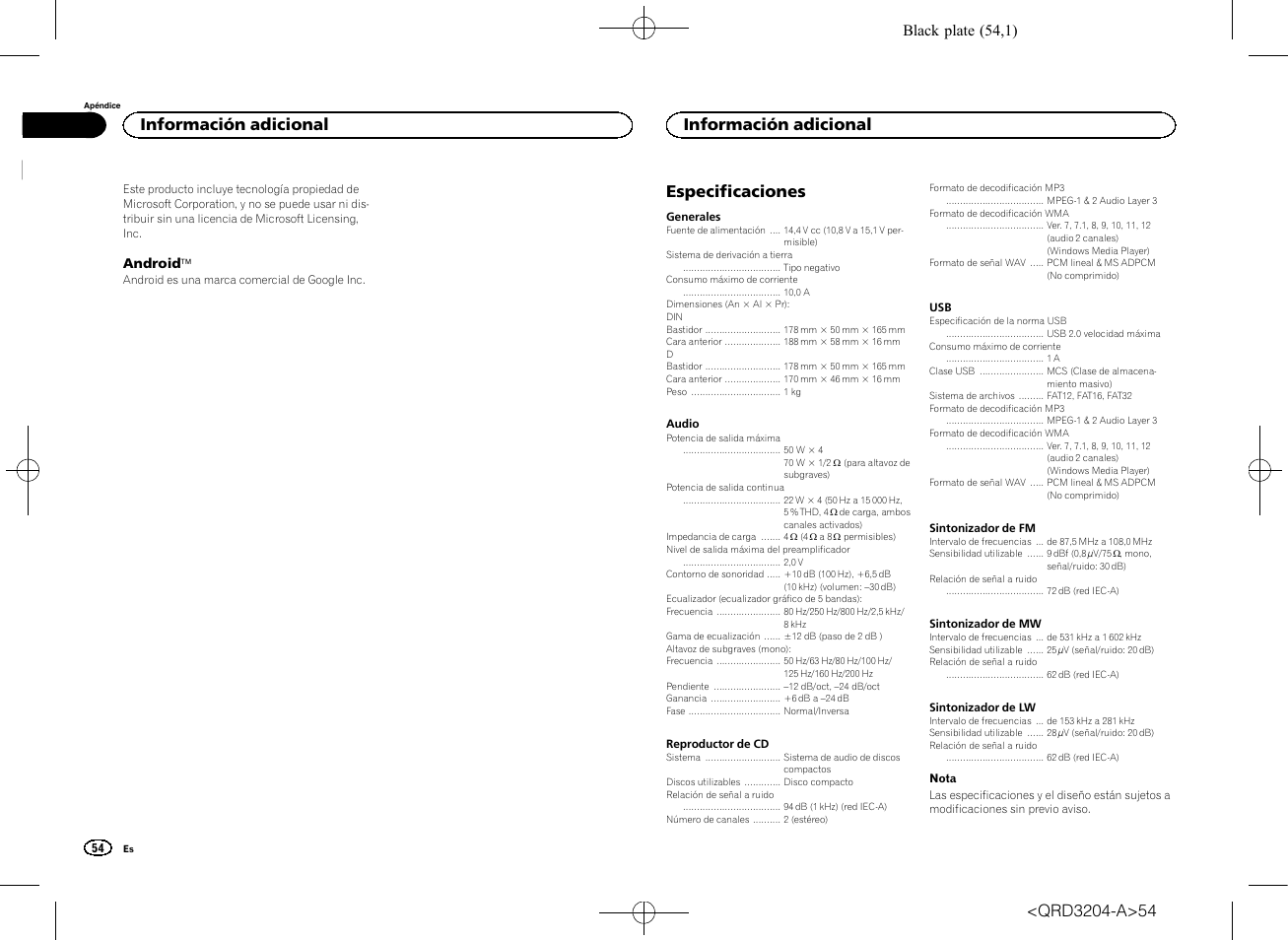 Especificaciones, Información adicional, Black plate (54,1) | Pioneer DEH-1600UBB User Manual | Page 54 / 100