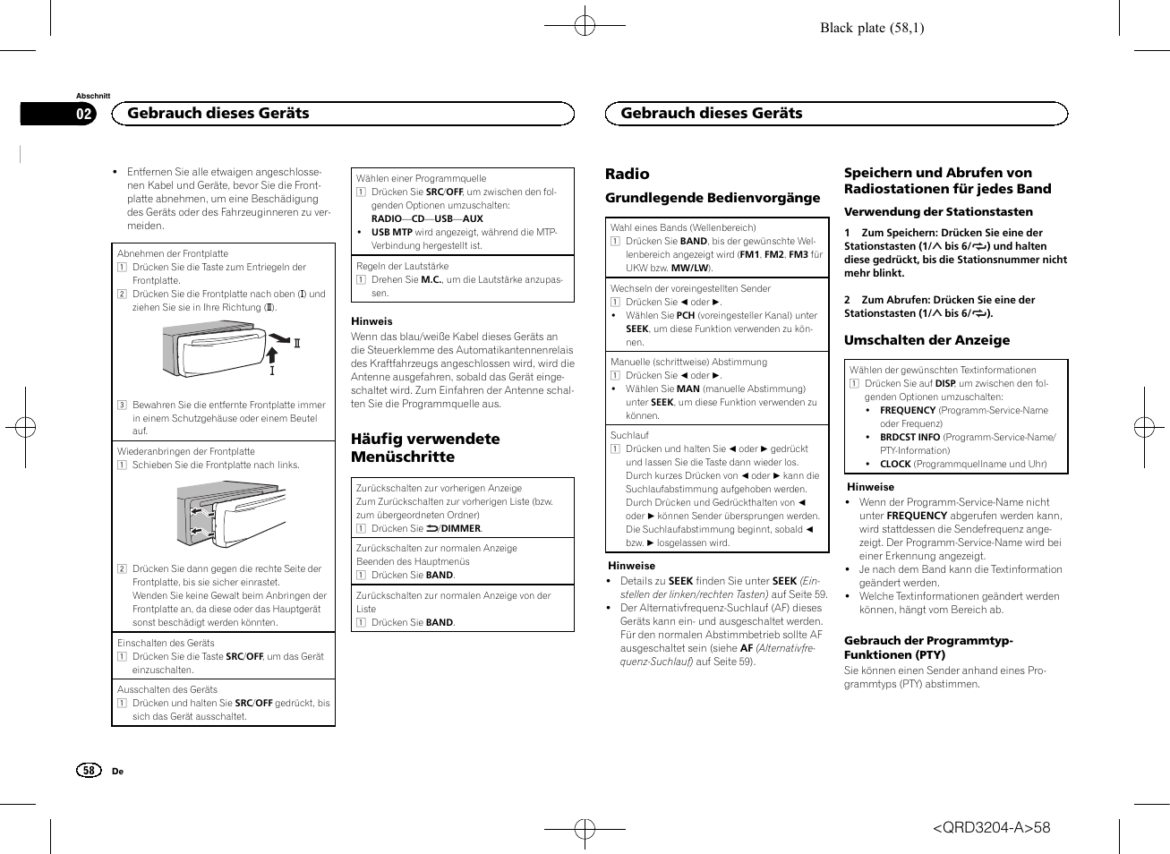 Häufig verwendete menüschritte, Radio, Gebrauch dieses geräts | Pioneer DEH-1600UBB User Manual | Page 58 / 100
