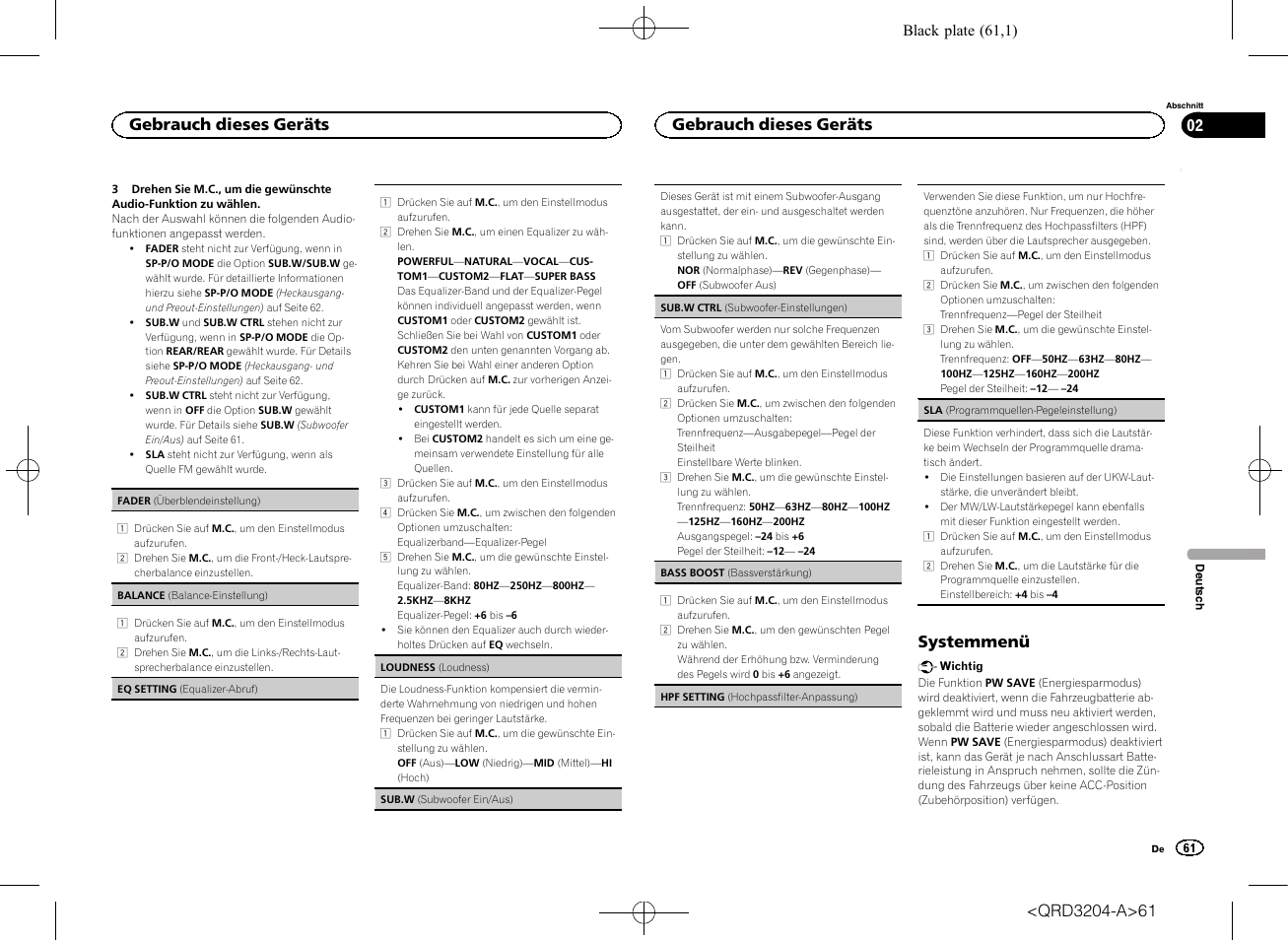 Systemmenü, Gebrauch dieses geräts | Pioneer DEH-1600UBB User Manual | Page 61 / 100