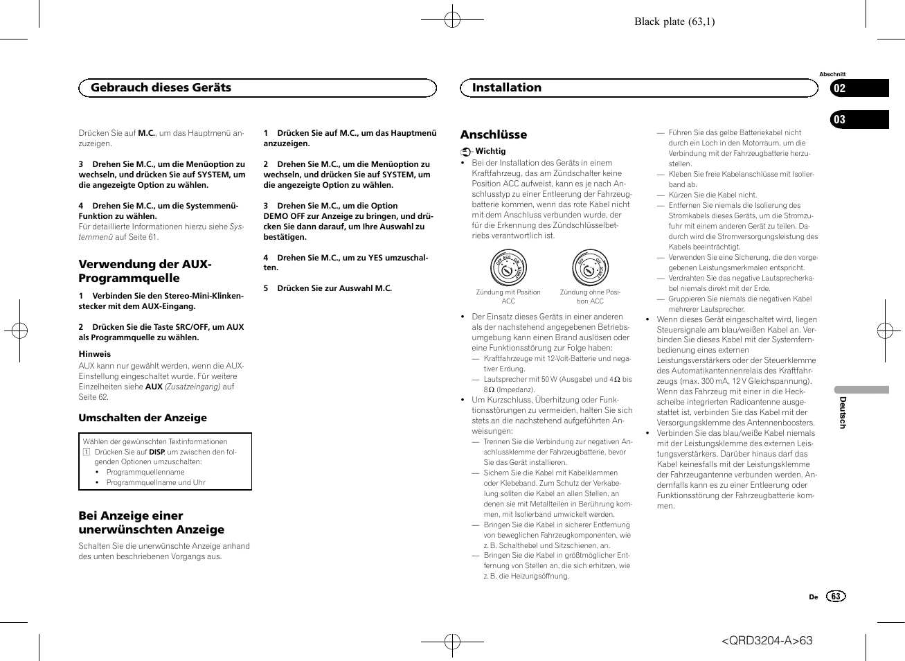 Verwendung der aux- programmquelle, Bei anzeige einer unerwünschten anzeige, Anschlüsse | Gebrauch dieses geräts, Installation | Pioneer DEH-1600UBB User Manual | Page 63 / 100