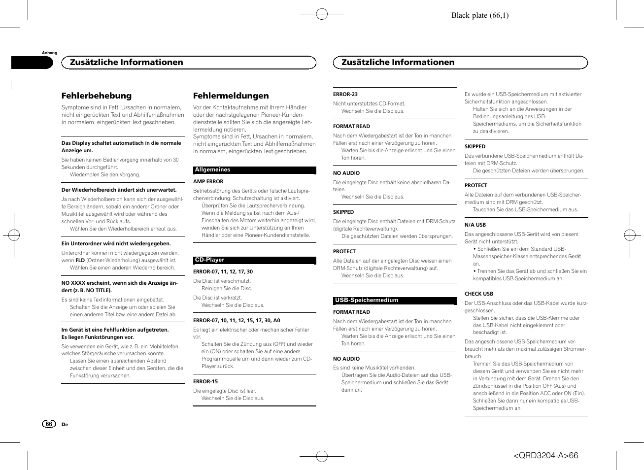 Fehlerbehebung, Fehlermeldungen, Zusätzliche informationen | Pioneer DEH-1600UBB User Manual | Page 66 / 100