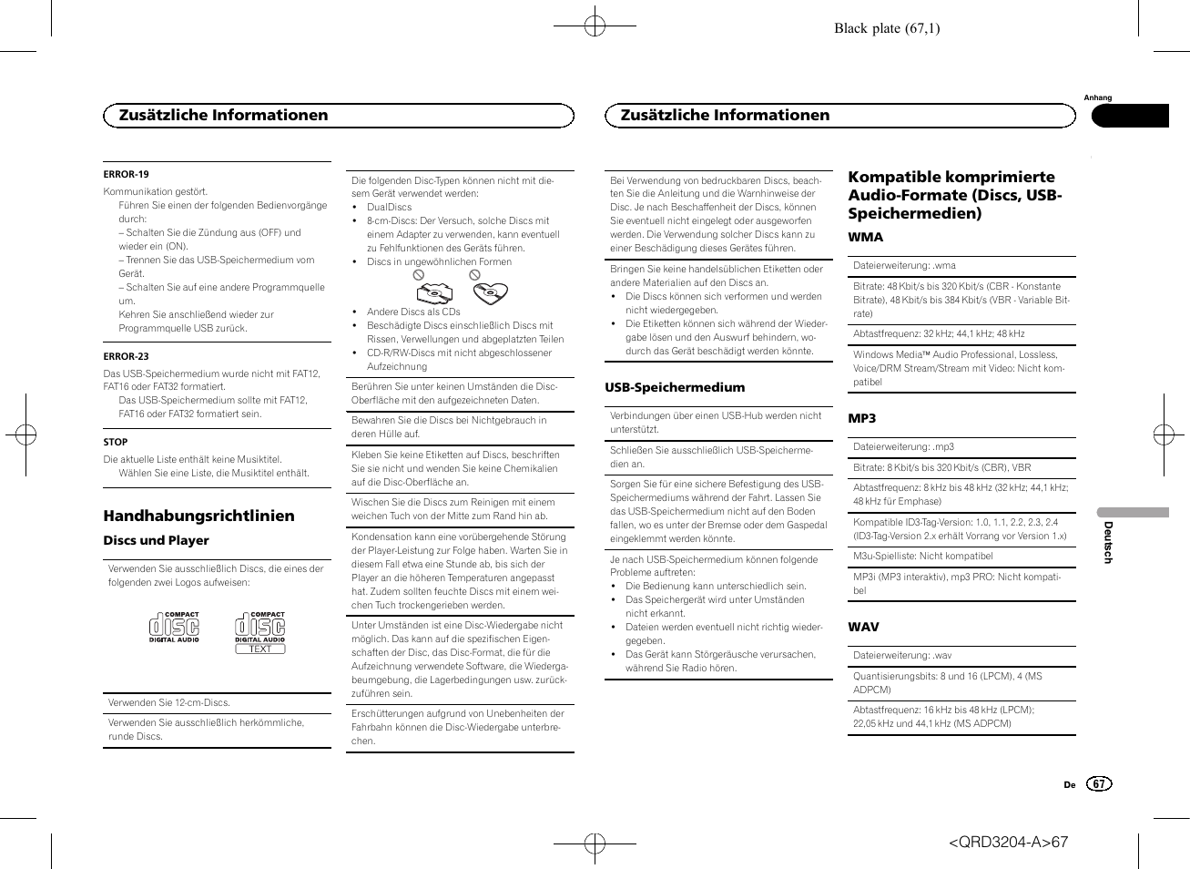 Handhabungsrichtlinien, Zusätzliche informationen | Pioneer DEH-1600UBB User Manual | Page 67 / 100