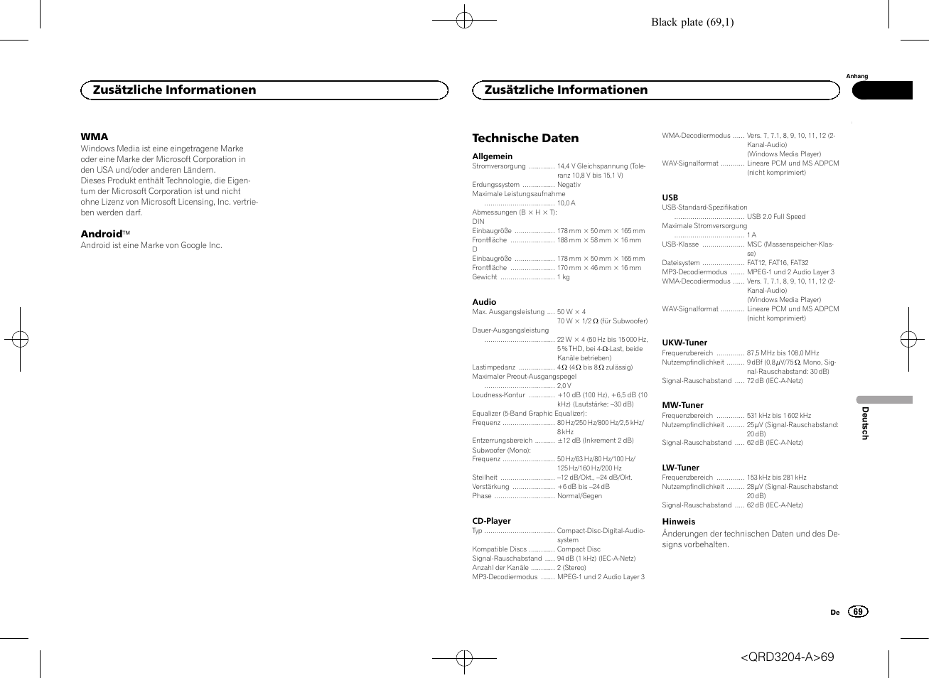 Technische daten, Zusätzliche informationen | Pioneer DEH-1600UBB User Manual | Page 69 / 100