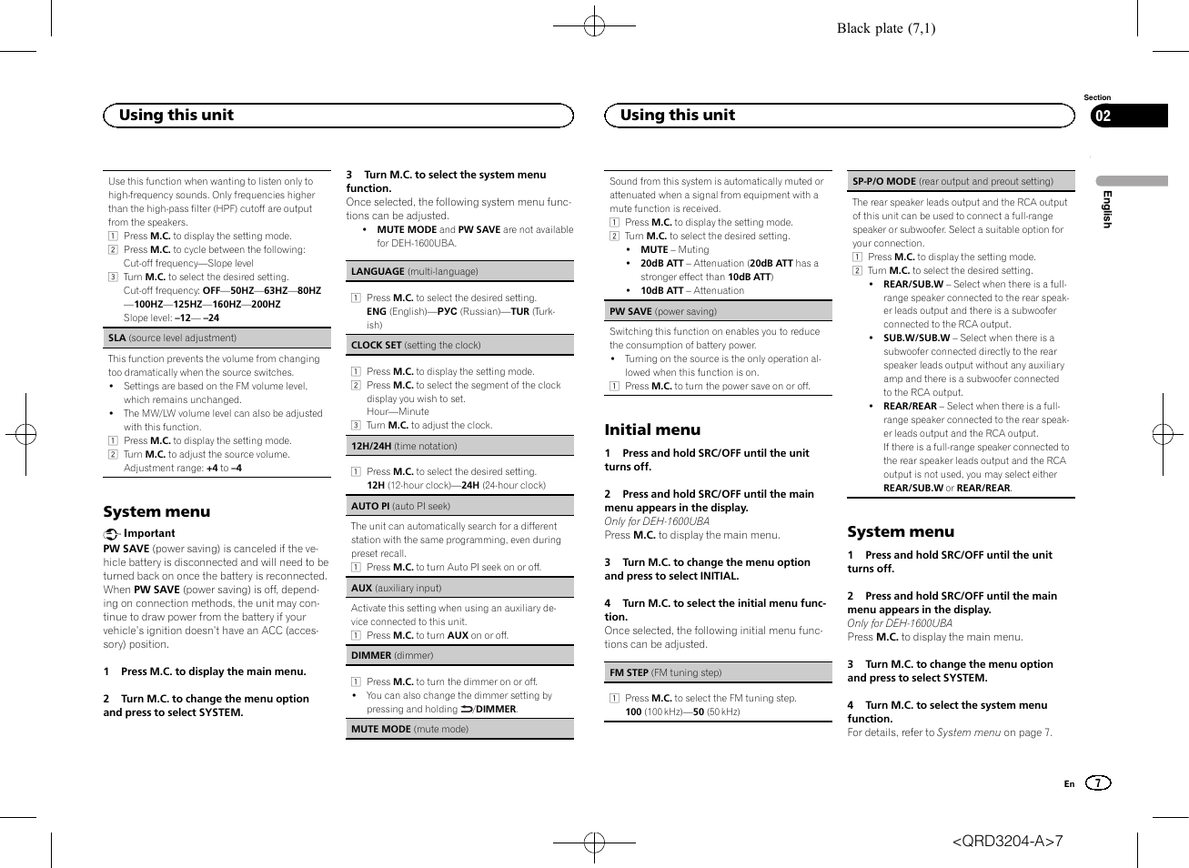 Sp-p/o mode (rear output and preout set, System menu, Initial menu | Using this unit | Pioneer DEH-1600UBB User Manual | Page 7 / 100