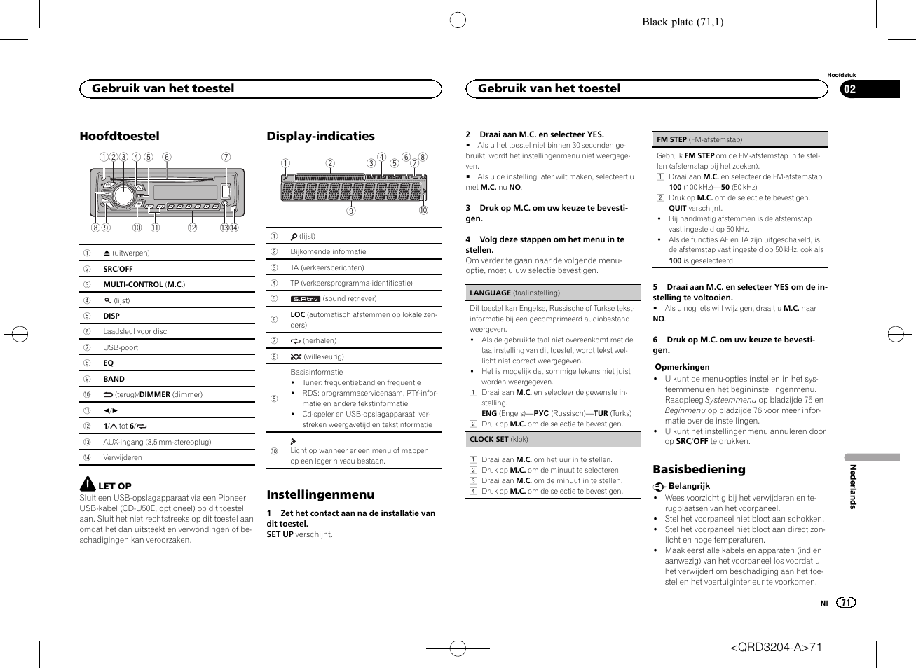Hoofdtoestel, Display-indicaties, Instellingenmenu | Basisbediening, Gebruik van het toestel | Pioneer DEH-1600UBB User Manual | Page 71 / 100
