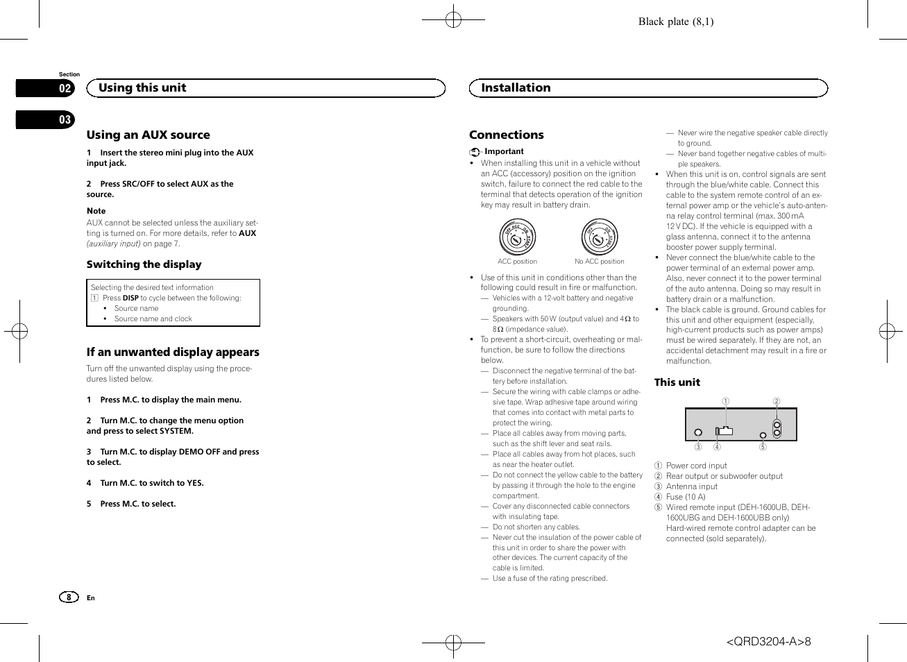 Using an aux source, If an unwanted display appears, Connections | Using this unit, Installation | Pioneer DEH-1600UBB User Manual | Page 8 / 100