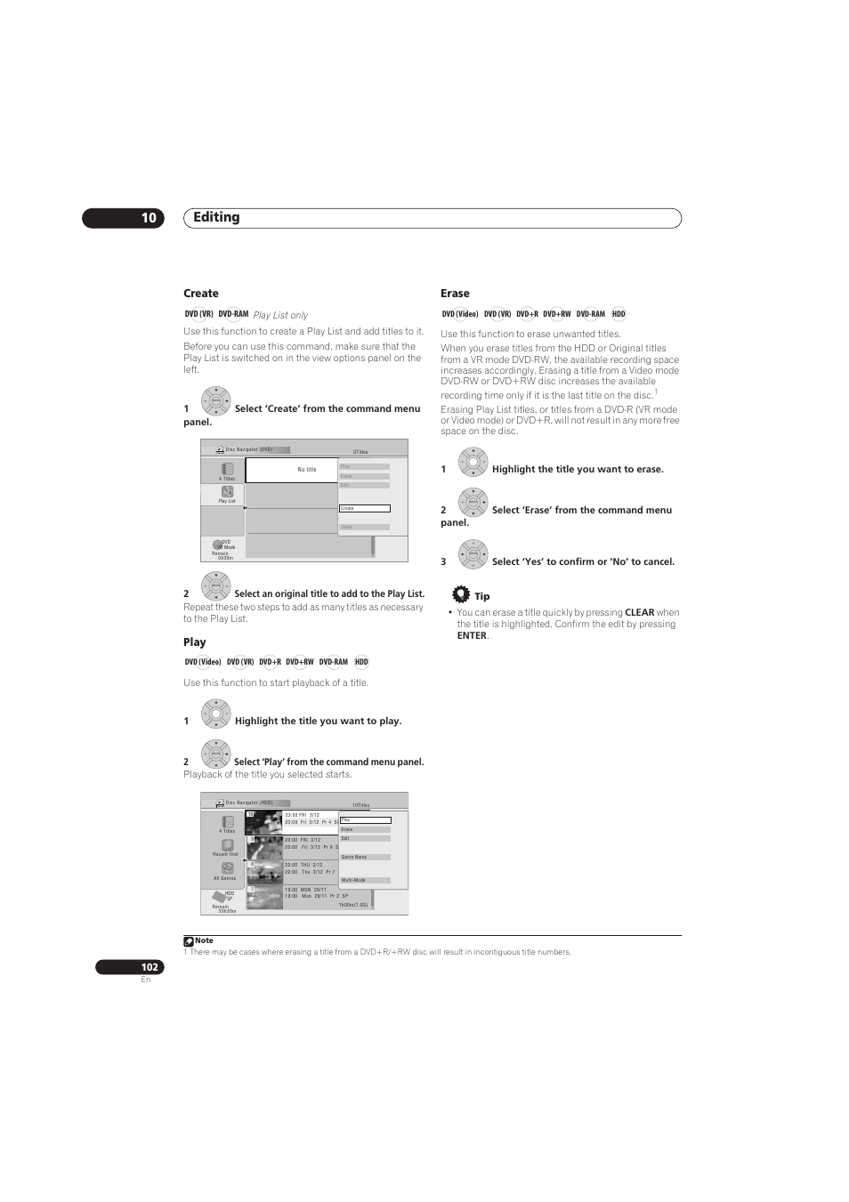 Editing 10, Create, Play | Erase | Pioneer RCS-656HX User Manual | Page 102 / 156
