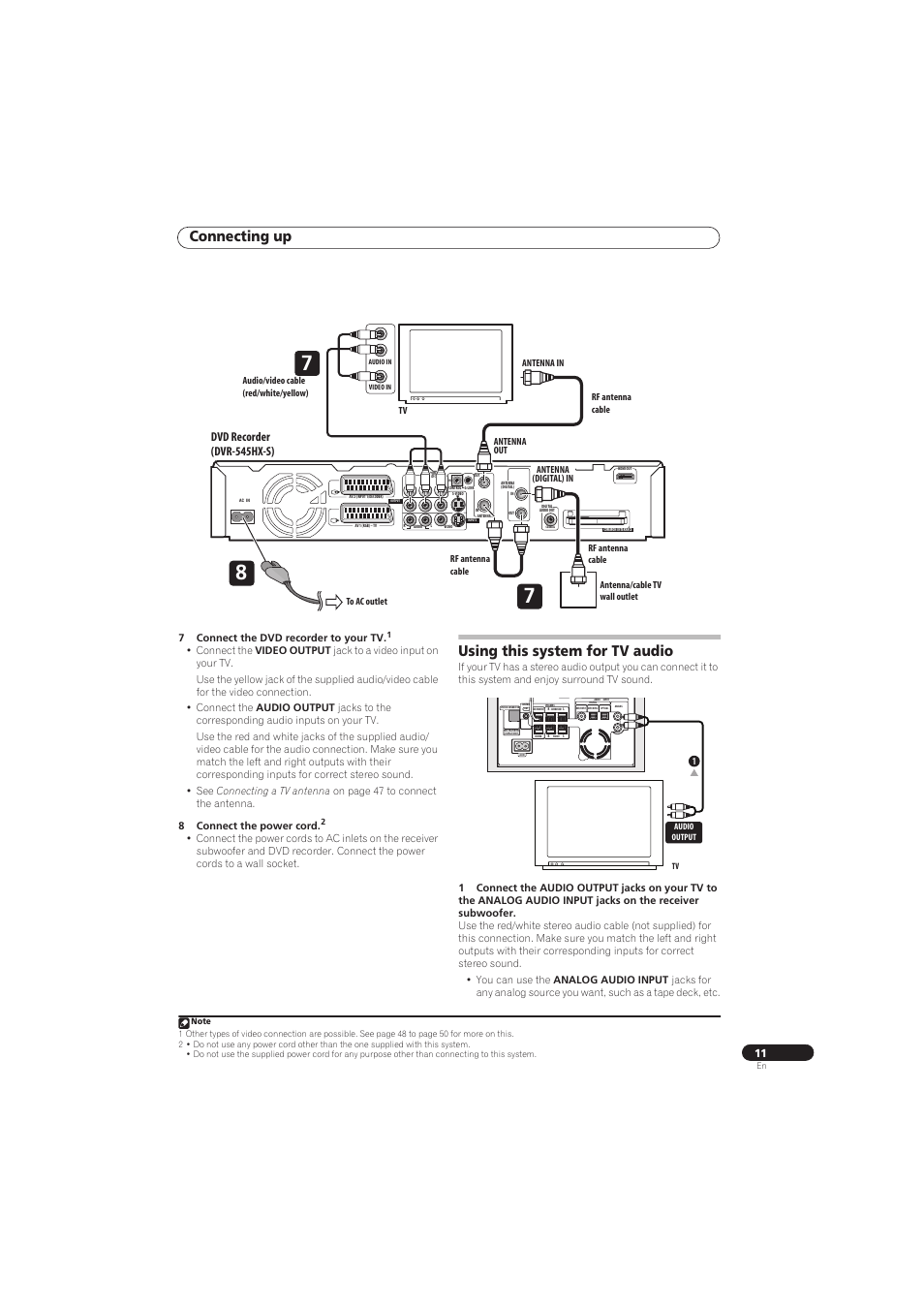 Connecting up, Using this system for tv audio, Dvd recorder (dvr-545hx-s) | 7connect the dvd recorder to your tv | Pioneer RCS-656HX User Manual | Page 11 / 156