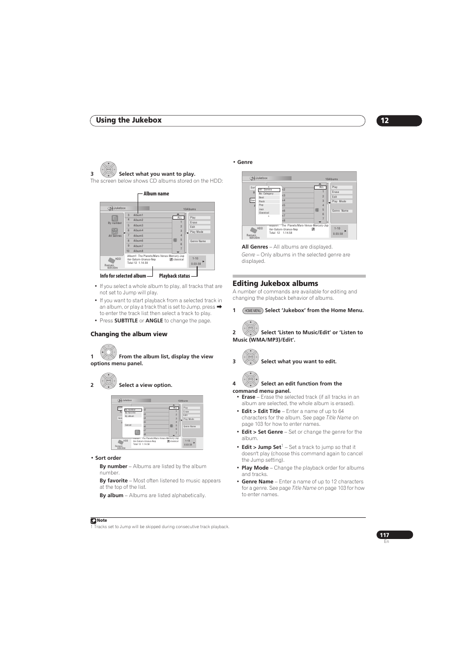 Using the jukebox 12, Editing jukebox albums, Changing the album view | Album name info for selected album playback status | Pioneer RCS-656HX User Manual | Page 117 / 156
