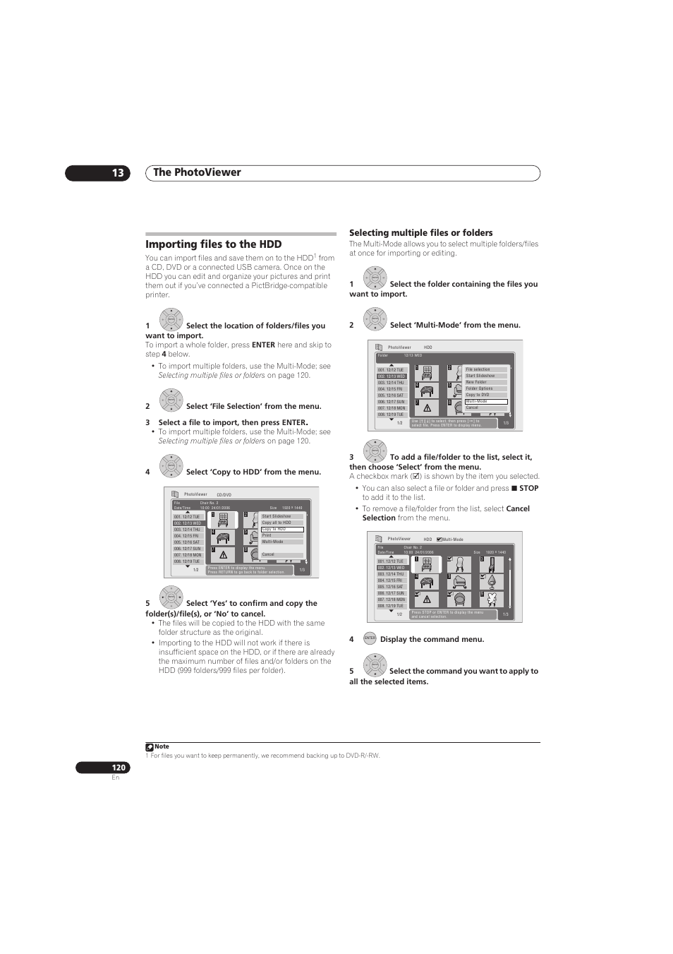 The photoviewer 13, Importing files to the hdd, Selecting multiple files or folders | Pioneer RCS-656HX User Manual | Page 120 / 156