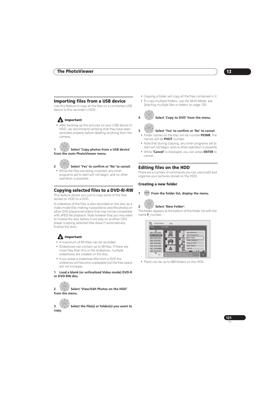 The photoviewer 13, Importing files from a usb device, Copying selected files to a dvd-r/-rw | Editing files on the hdd | Pioneer RCS-656HX User Manual | Page 121 / 156