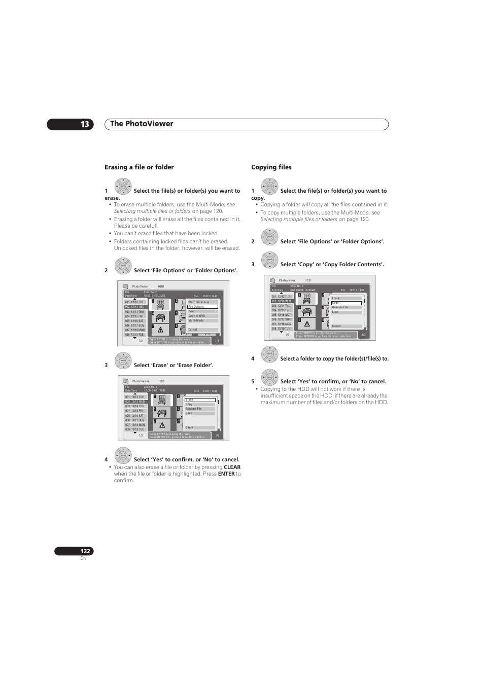The photoviewer 13, Erasing a file or folder, Copying files | Pioneer RCS-656HX User Manual | Page 122 / 156