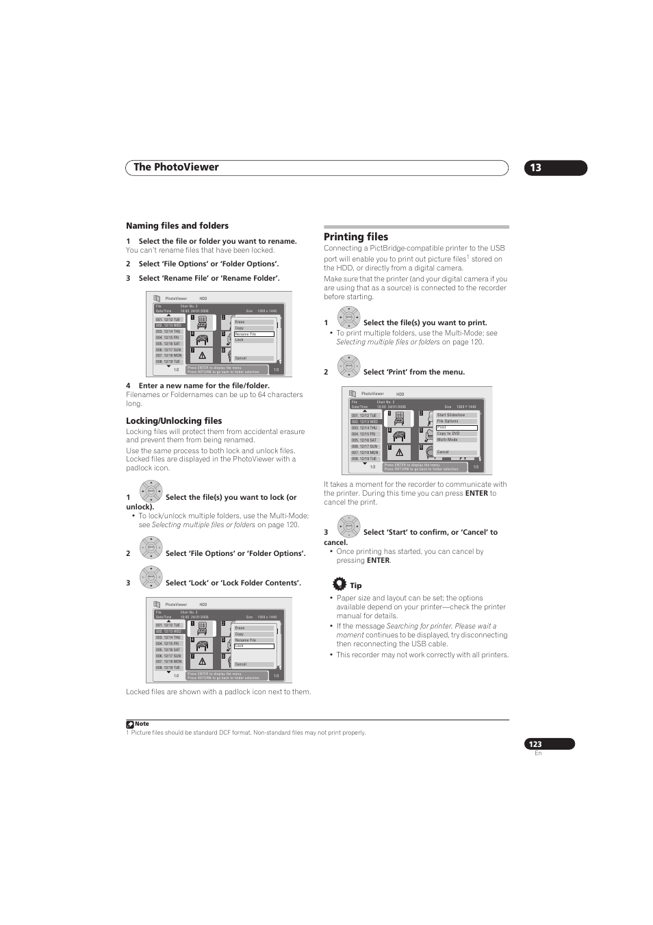 The photoviewer 13, Printing files, Naming files and folders | Locking/unlocking files | Pioneer RCS-656HX User Manual | Page 123 / 156