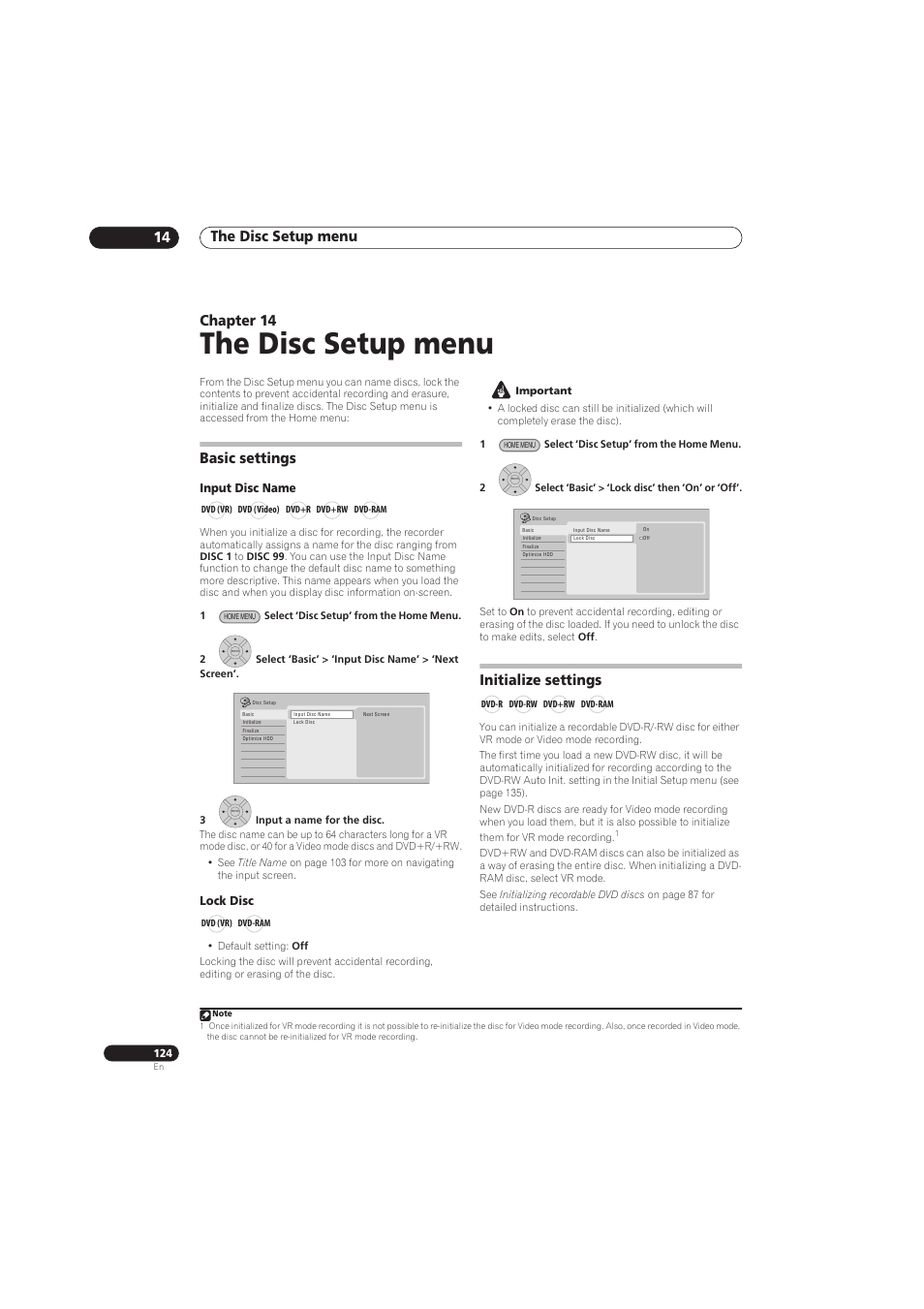 The disc setup menu, The disc setup menu 14, Chapter 14 | Basic settings, Initialize settings | Pioneer RCS-656HX User Manual | Page 124 / 156