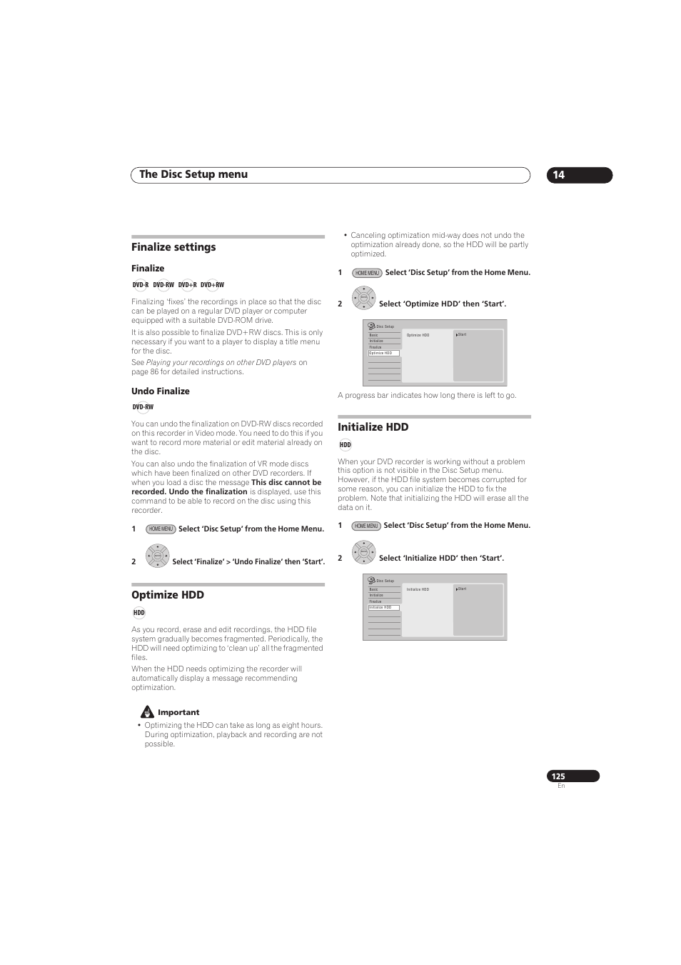 The disc setup menu 14, Finalize settings, Optimize hdd | Initialize hdd | Pioneer RCS-656HX User Manual | Page 125 / 156