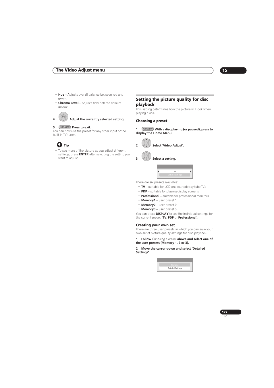 The video adjust menu 15, Setting the picture quality for disc playback | Pioneer RCS-656HX User Manual | Page 127 / 156