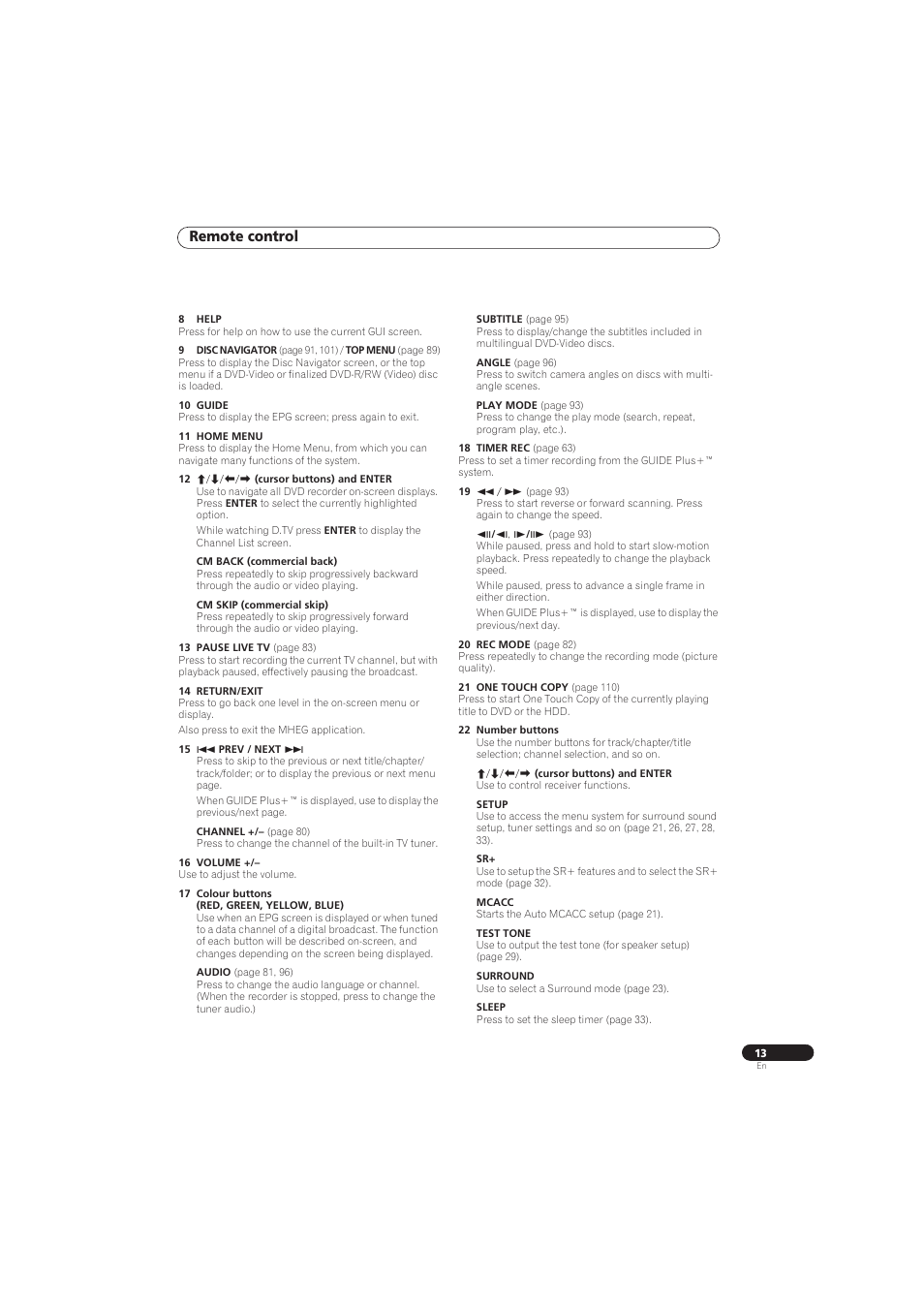 Remote control | Pioneer RCS-656HX User Manual | Page 13 / 156