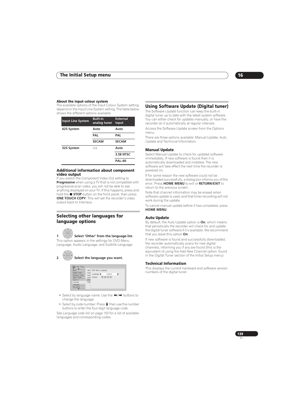 The initial setup menu 16, Selecting other languages for language options, Using software update (digital tuner) | Pioneer RCS-656HX User Manual | Page 139 / 156