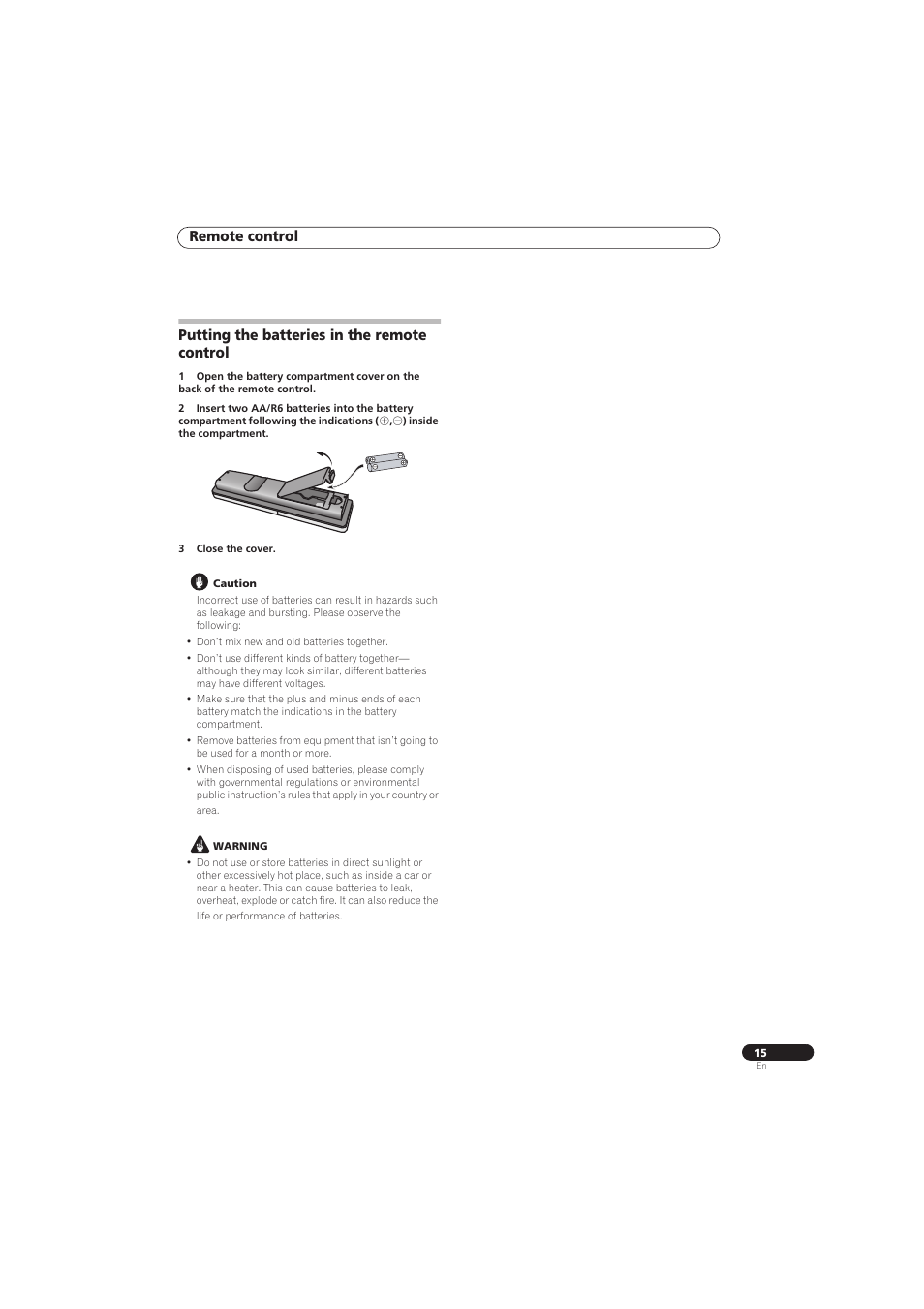Remote control, Putting the batteries in the remote control | Pioneer RCS-656HX User Manual | Page 15 / 156