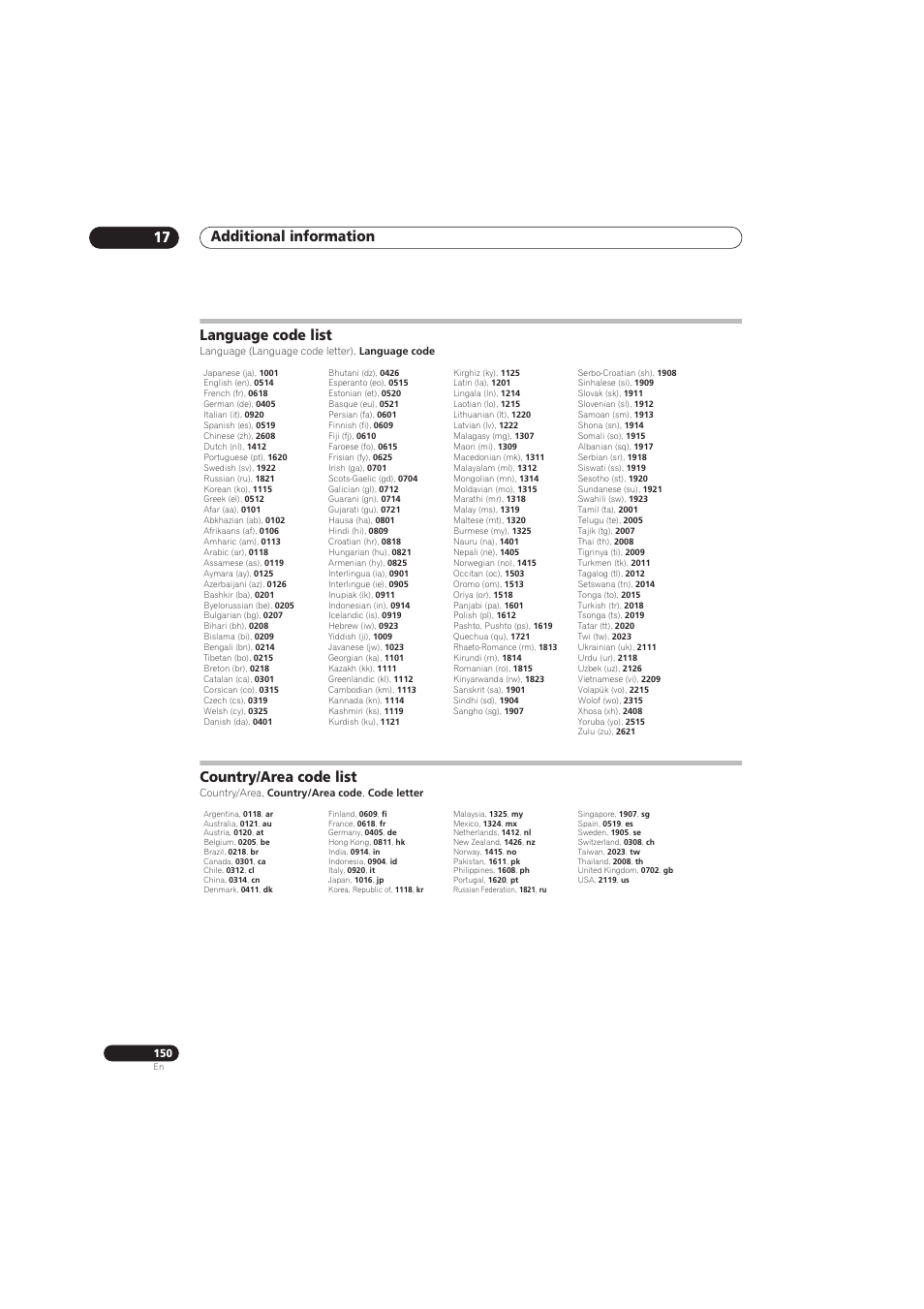 Additional information 17, Language code list, Country/area code list | Pioneer RCS-656HX User Manual | Page 150 / 156