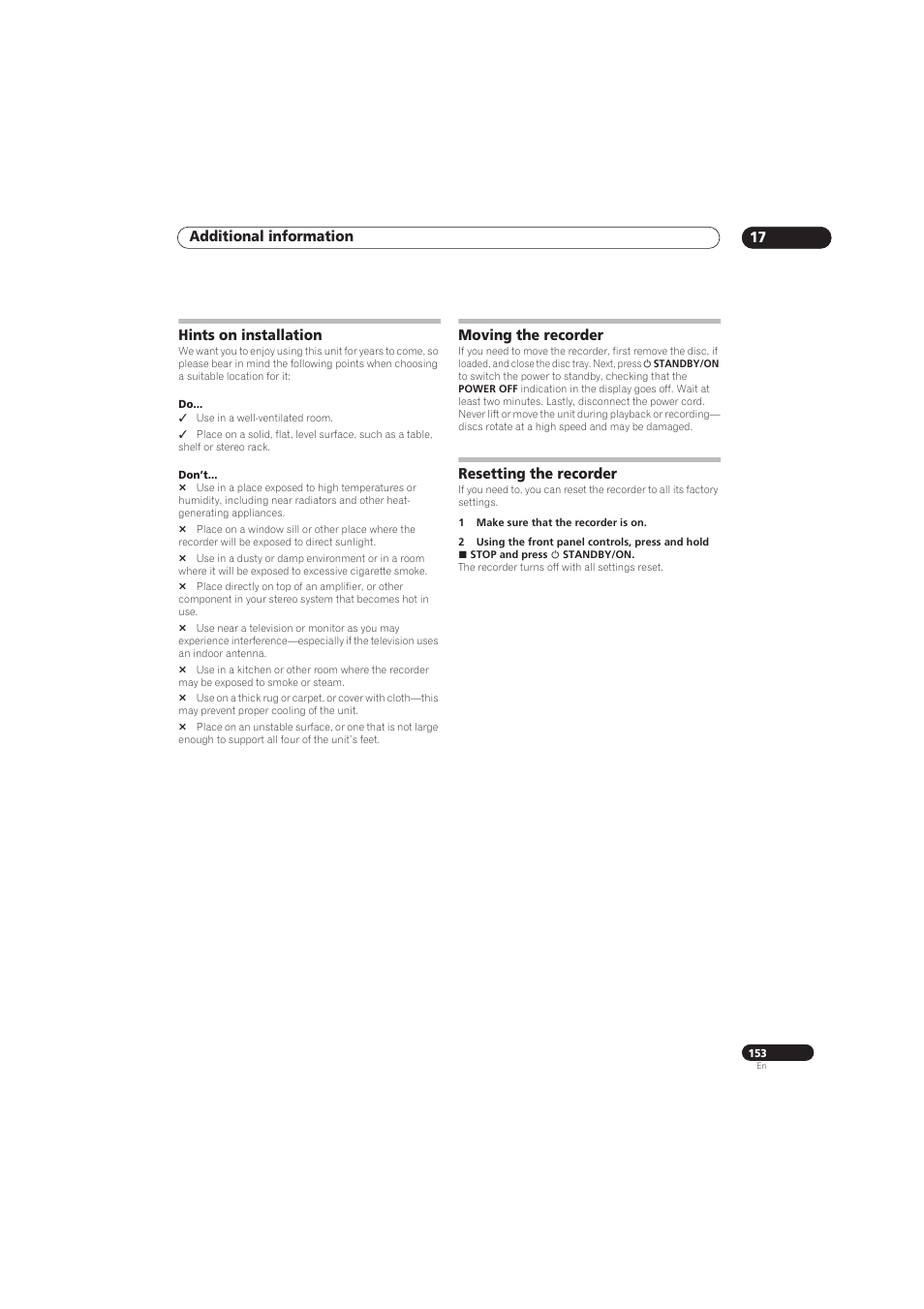 Additional information 17, Hints on installation, Moving the recorder | Resetting the recorder | Pioneer RCS-656HX User Manual | Page 153 / 156