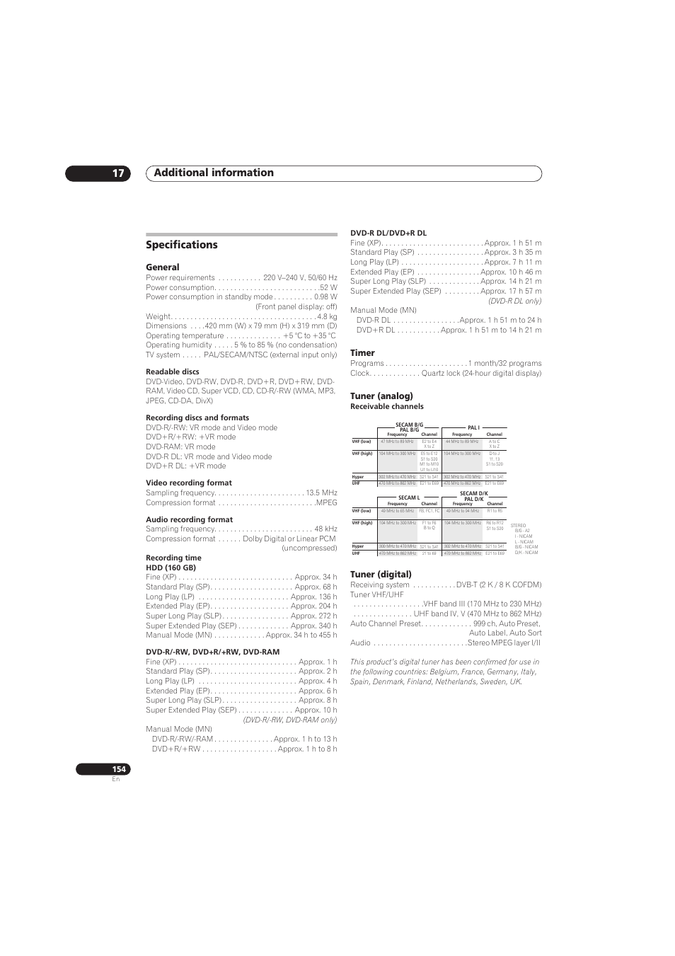 Additional information 17, Specifications, General | Timer, Tuner (analog), Tuner (digital) | Pioneer RCS-656HX User Manual | Page 154 / 156