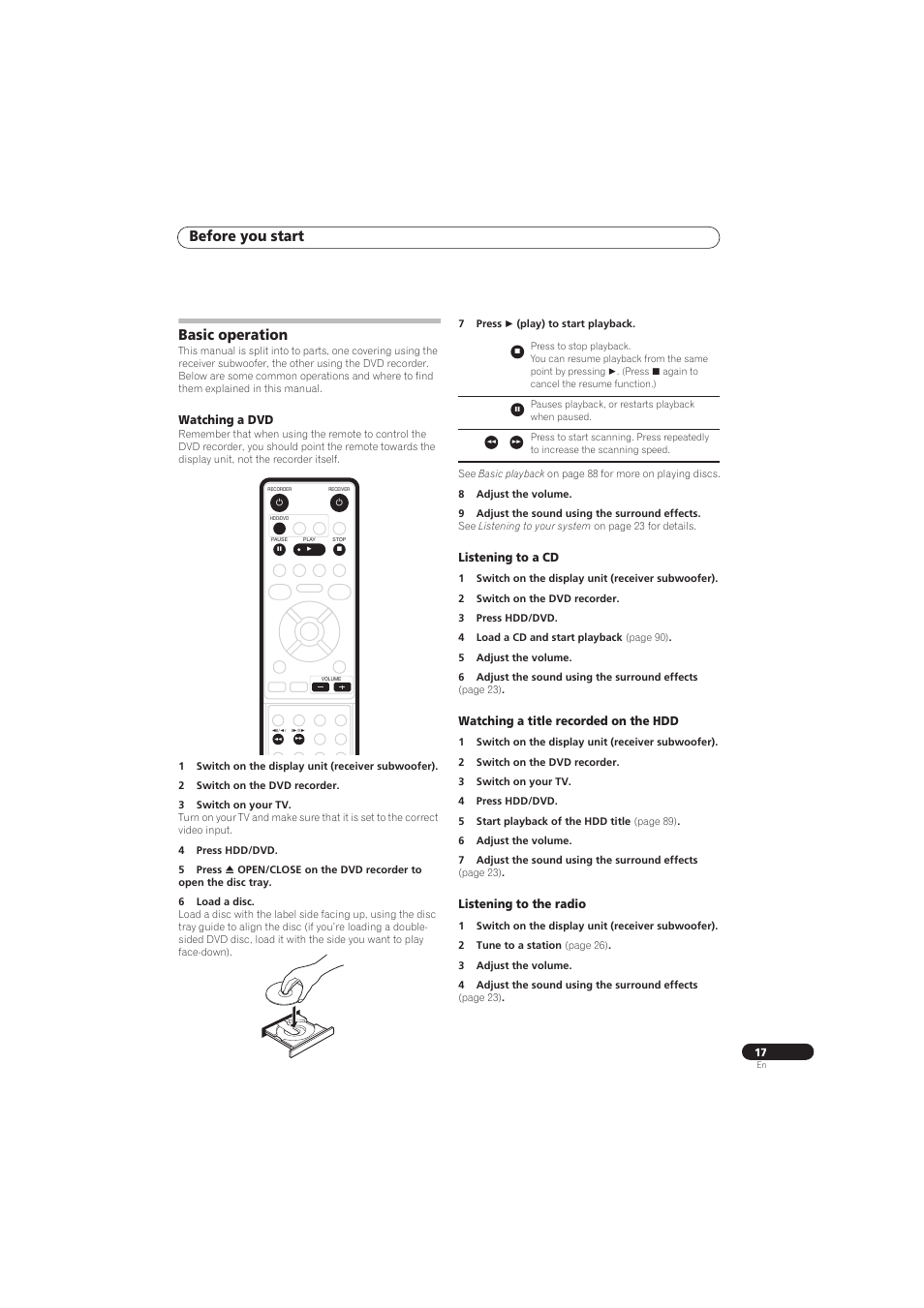 Before you start, Basic operation | Pioneer RCS-656HX User Manual | Page 17 / 156